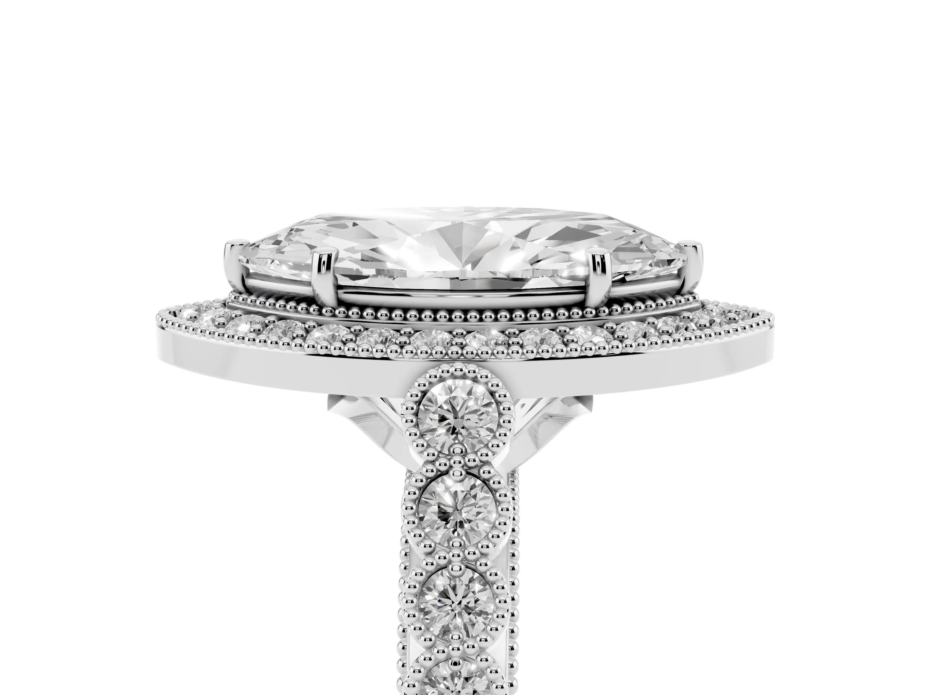 Marquise Cut Diamond Milgrain Halo Solitaire Ring Set in Silver with Bezel Set Side Stones and Pavé Band