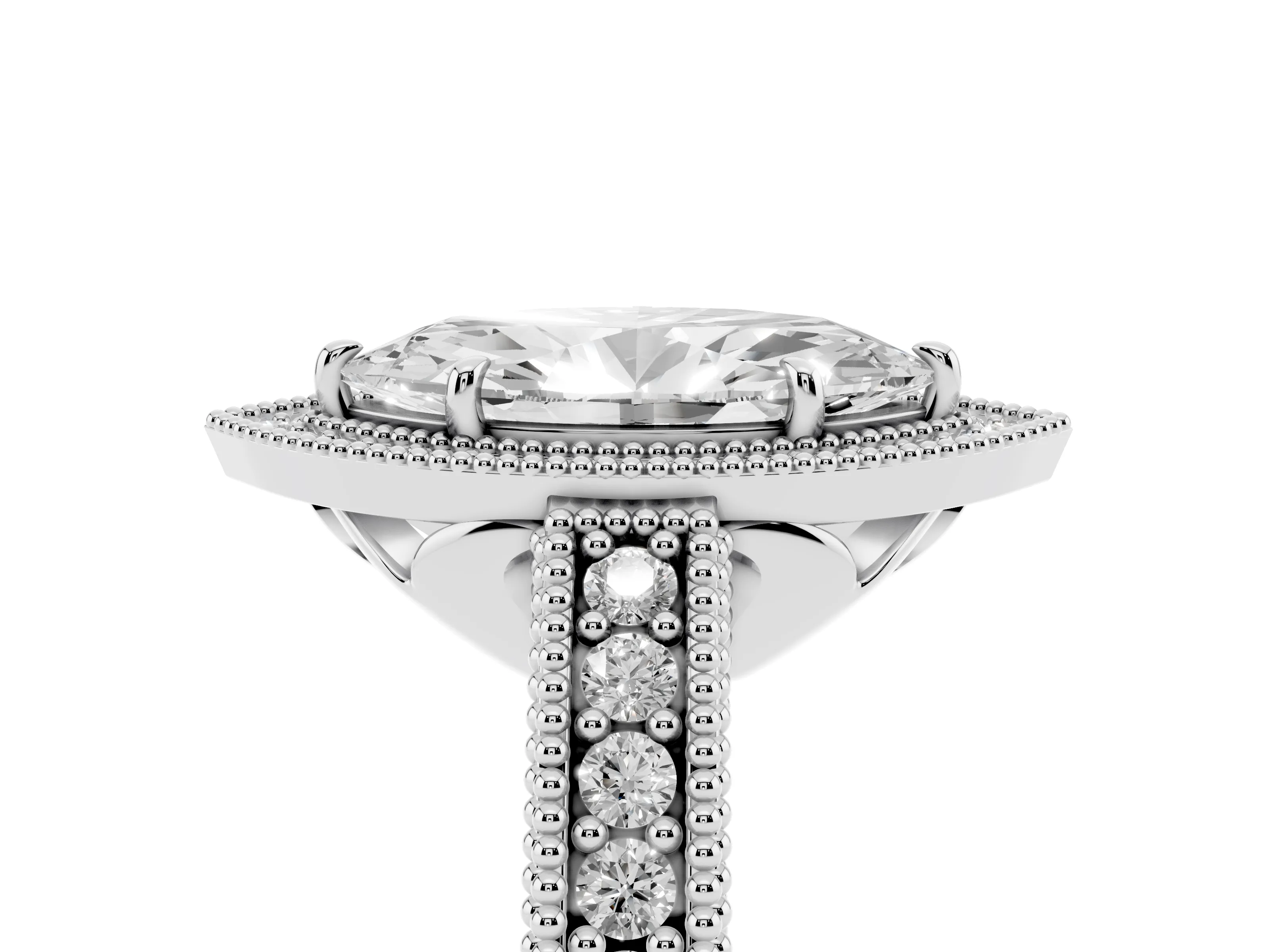 Marquise Cut Diamond Halo Ring Set in White gold with Round Accent Halo, Pavé Band and Prong Setting