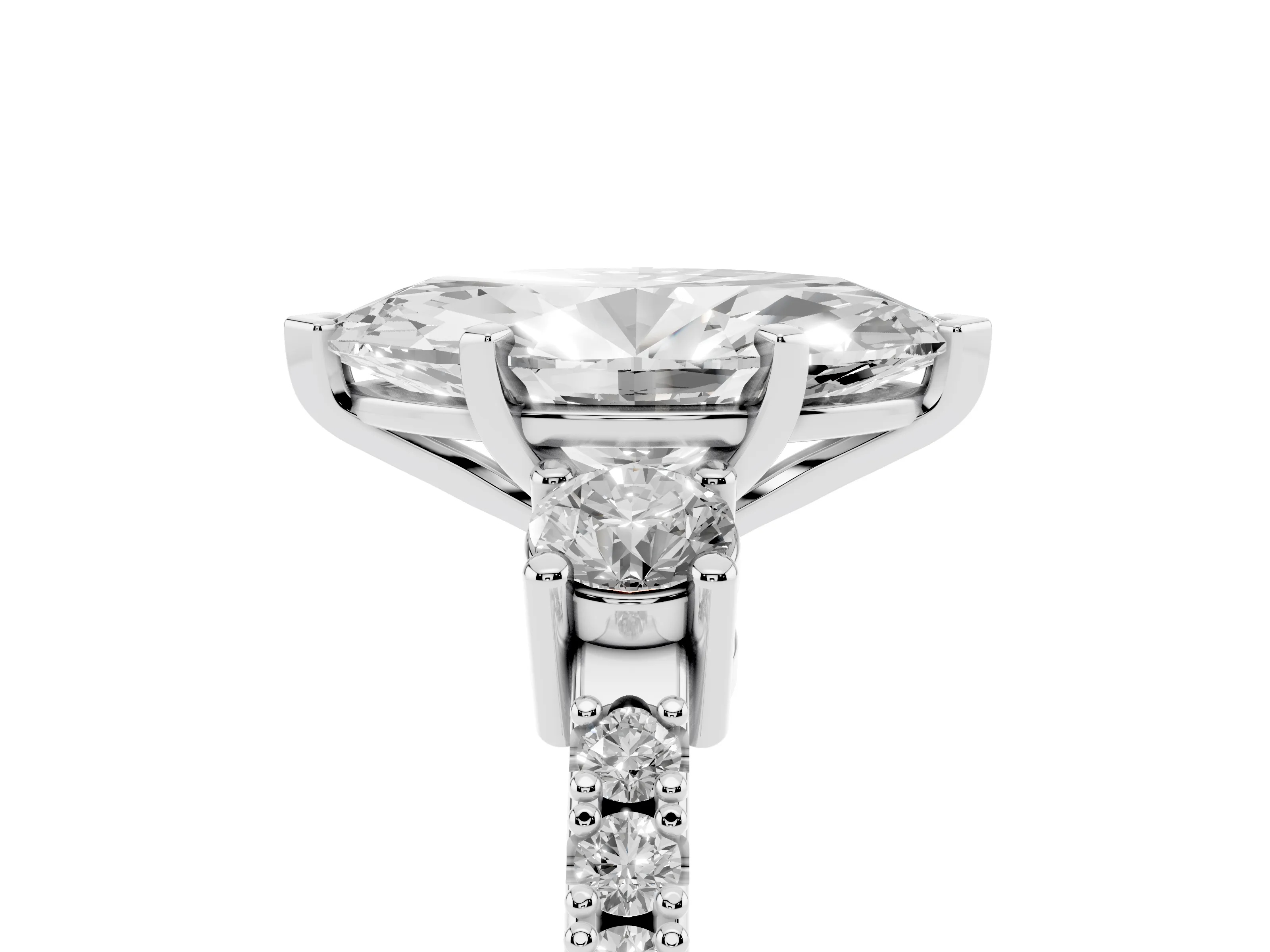 Three-Stone Marquise Cut Diamond Pavé Band Ring Set in Platinum with Prong Setting