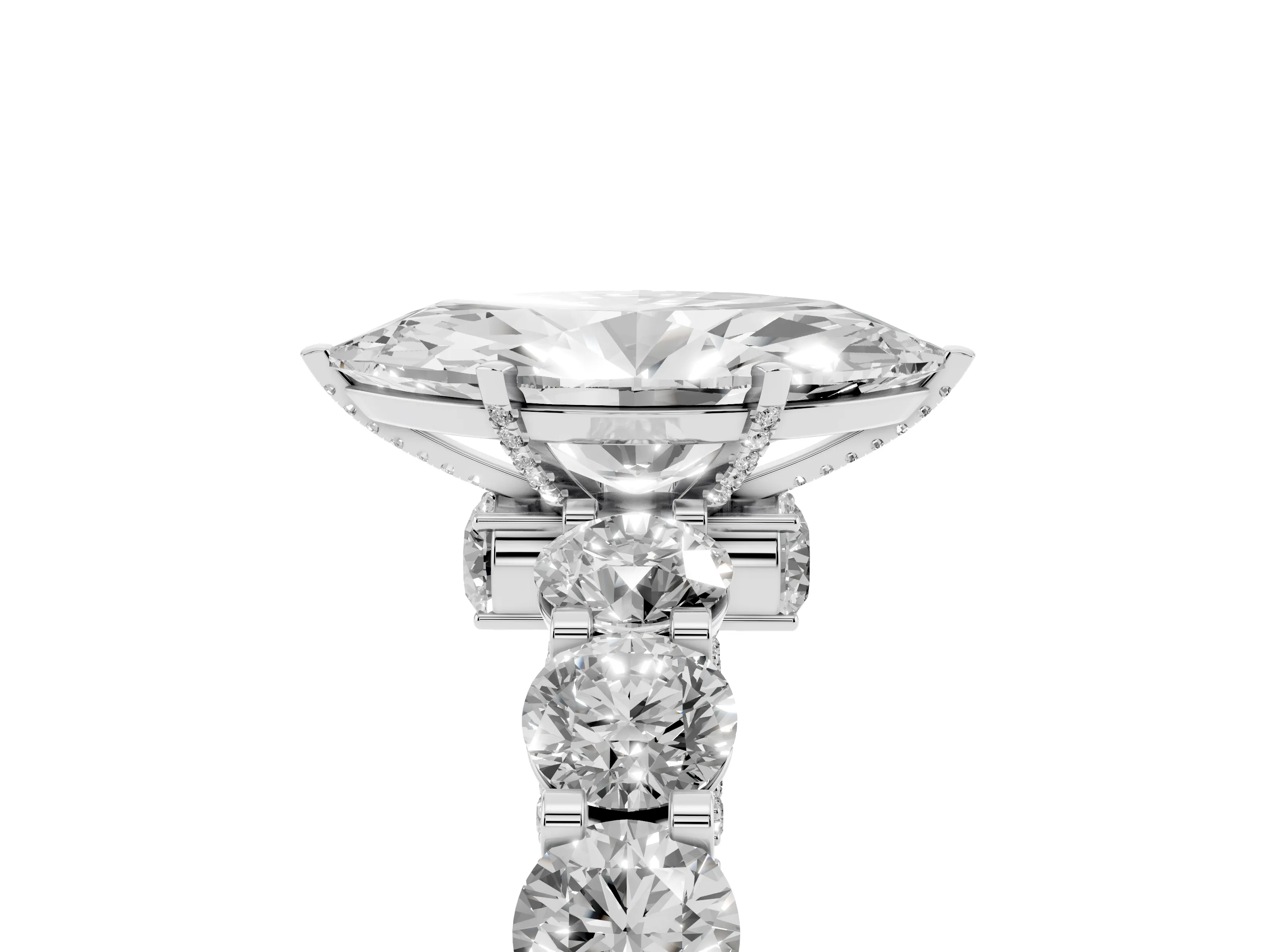Marquise Cut Diamond Side Stone Ring Set in Silver with Alternating Round and Oval Side Stones
