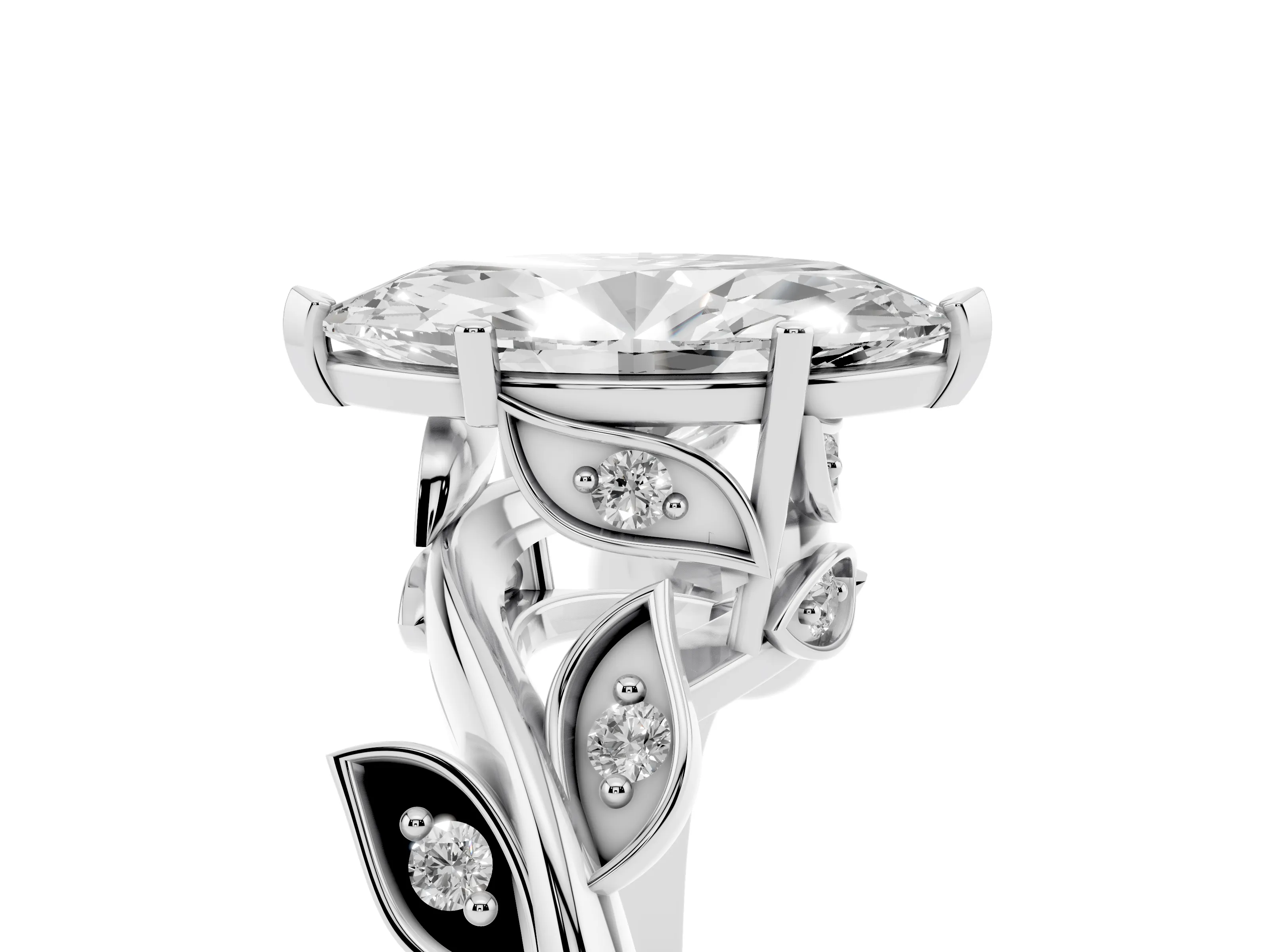 Marquise Cut Diamond Solitaire Twist Engagement Ring Set in Silver with Pavé Leaf Accents