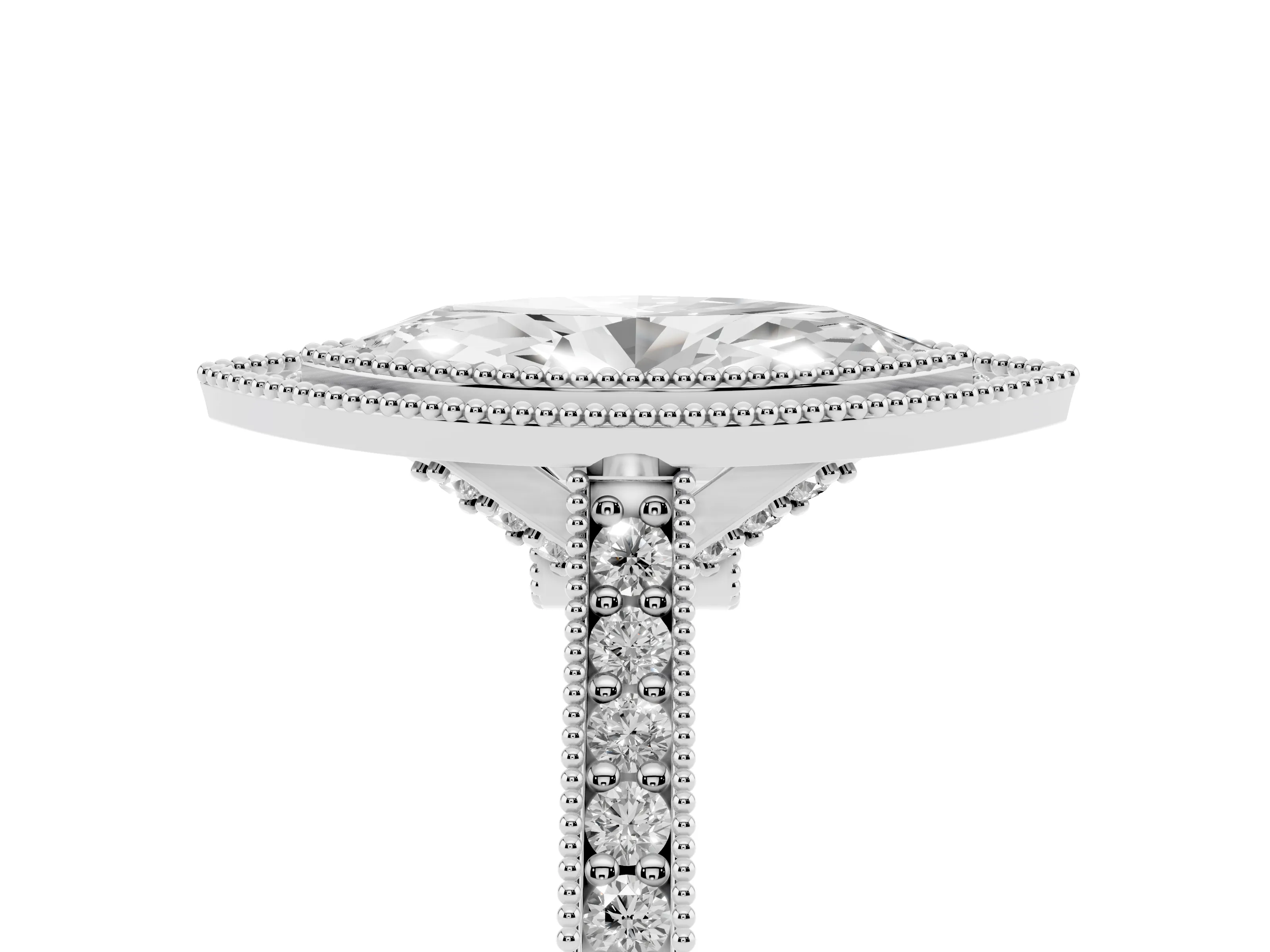 Marquise Cut Diamond Halo Milgrain Pavé Band Ring Set in Platinum with Prong Setting
