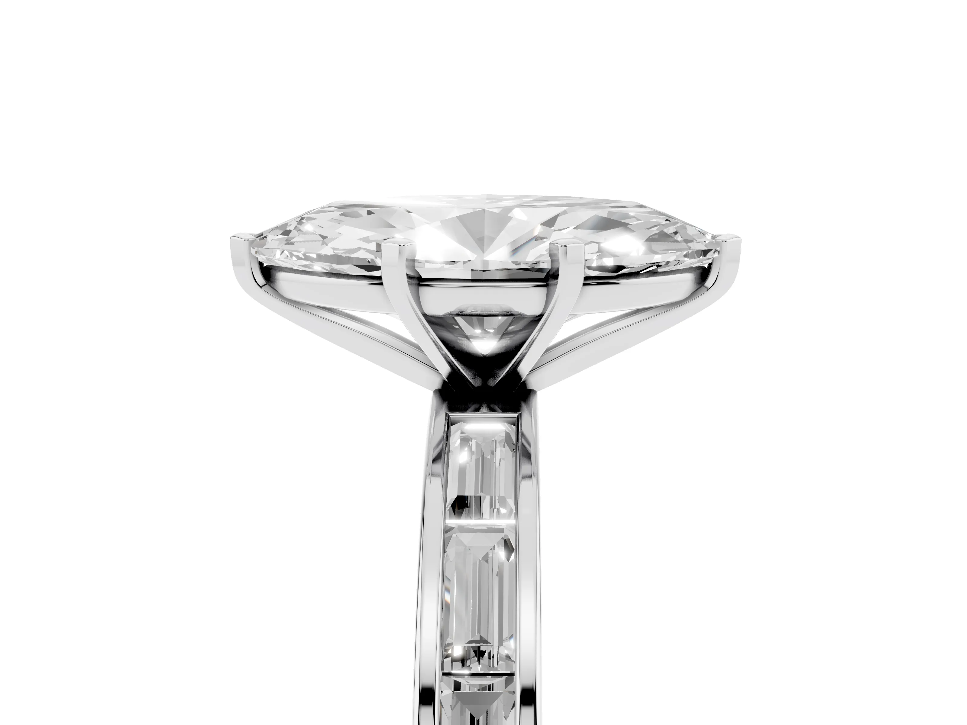 Marquise Cut Diamond Solitaire Ring Set in White gold with Channel-Set Baguette Band and Prong Setting