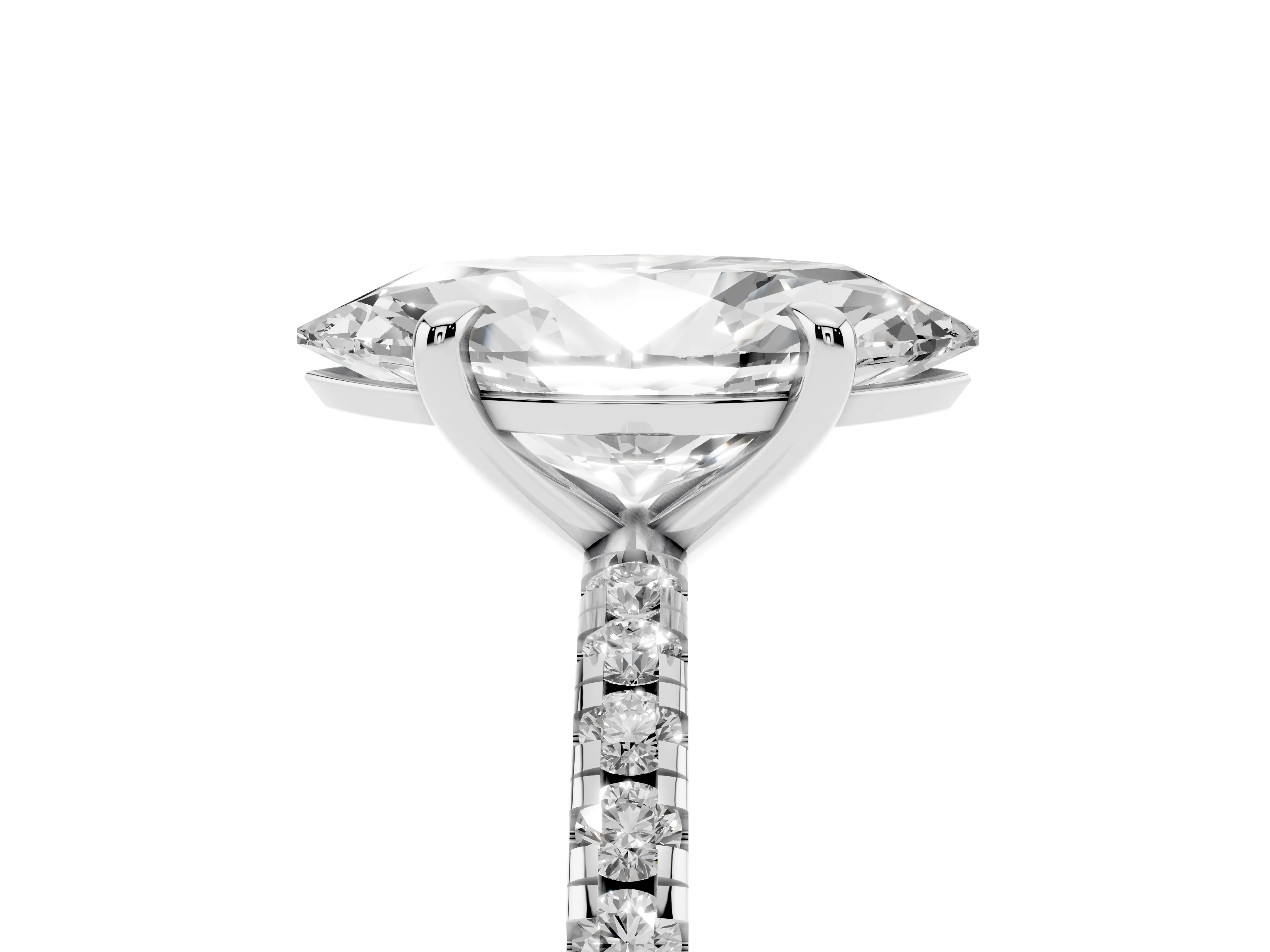 Marquise Cut Diamond Brilliant Solitaire Ring Set in White gold with Pavé Band and Prong Setting