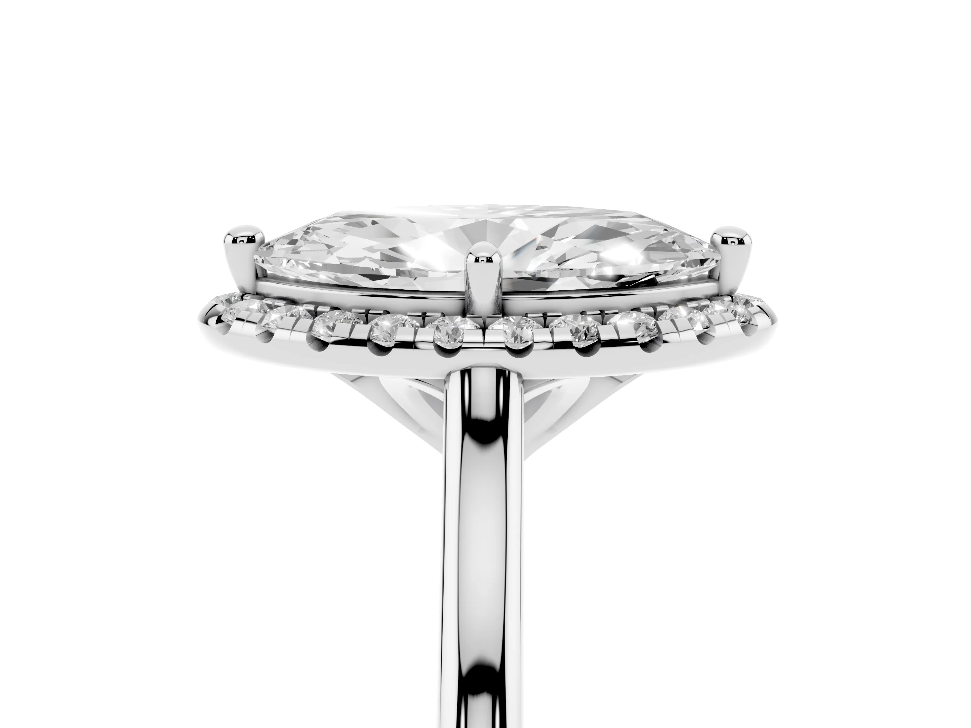 Marquise Cut Diamond Halo Engagement Ring Set in White gold with Pavé Band and Rising Shoulders
