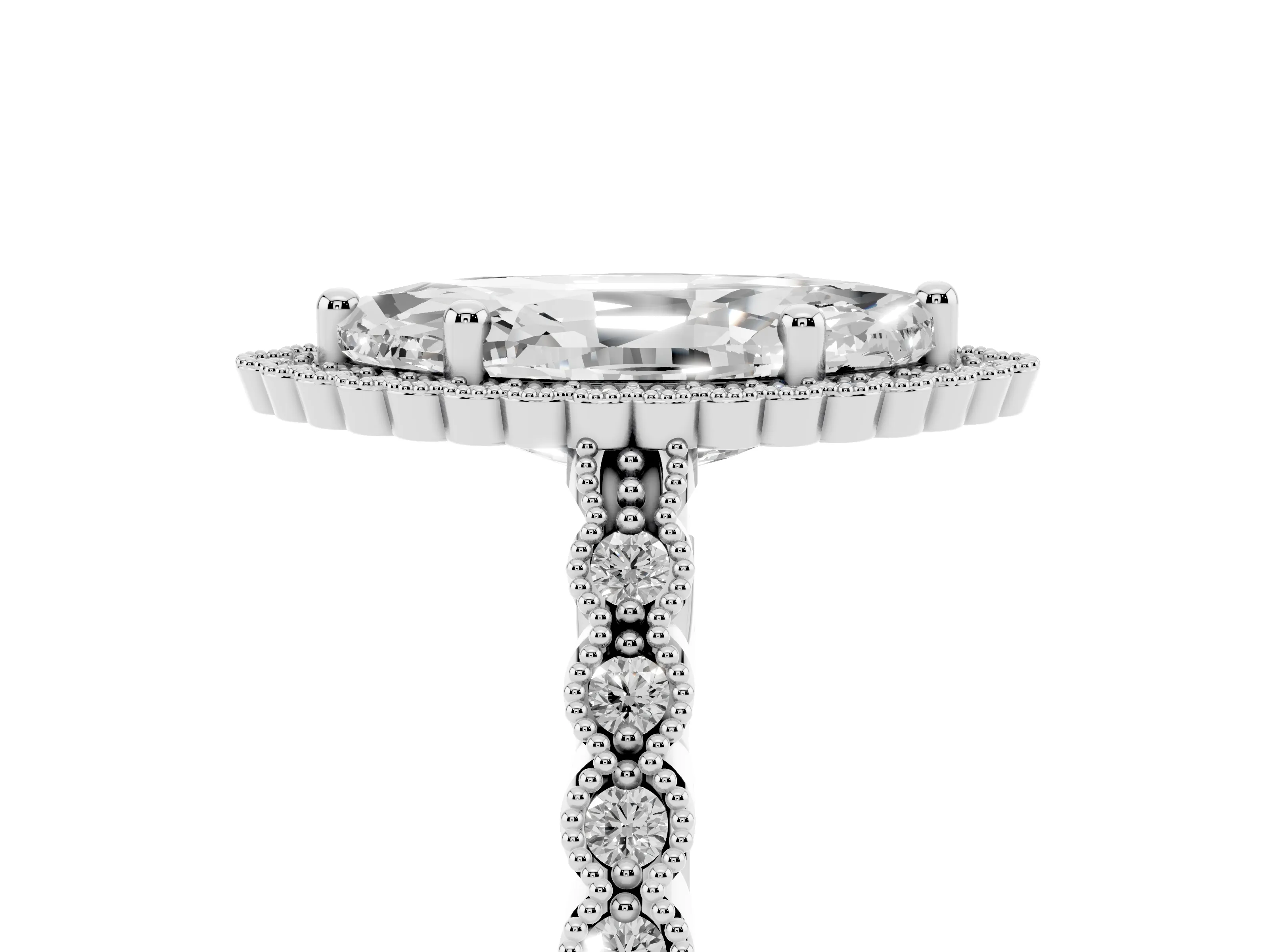 Marquise Cut Diamond Halo Ring Set in White gold with Pavé Milgrain Band