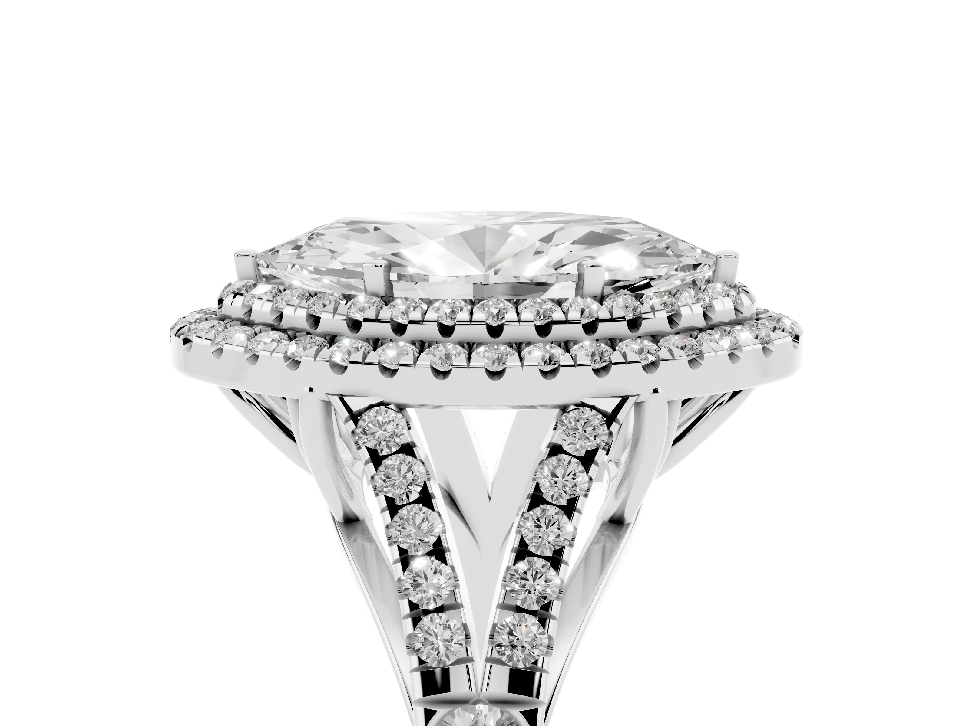Marquise Cut Diamond Pavé Split Shank Double Halo Engagement Ring Set in Silver