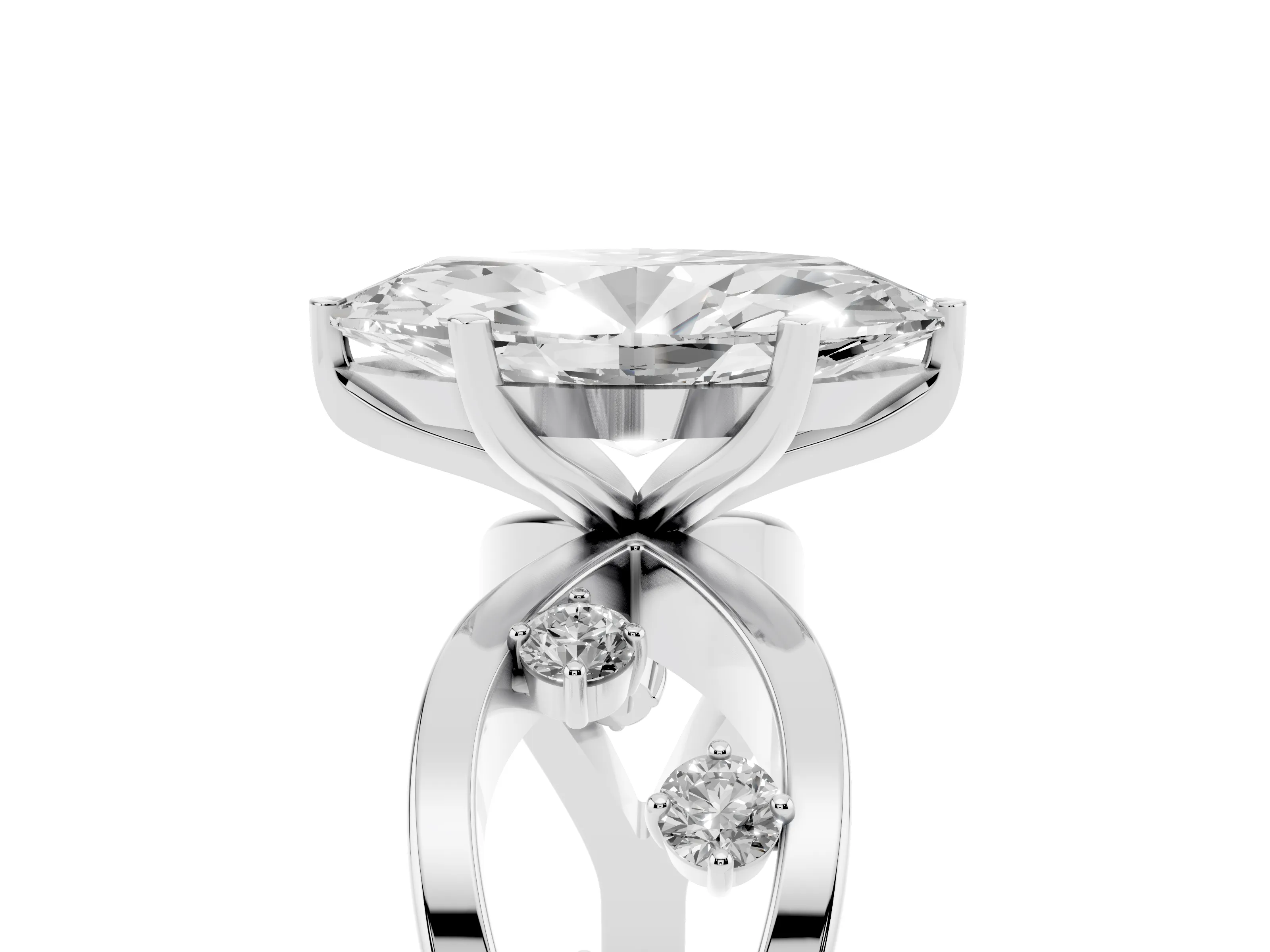 Marquise Cut Diamond Solitaire Ring Set in Silver with Side Stones on Criss-Cross Band and Prong Setting