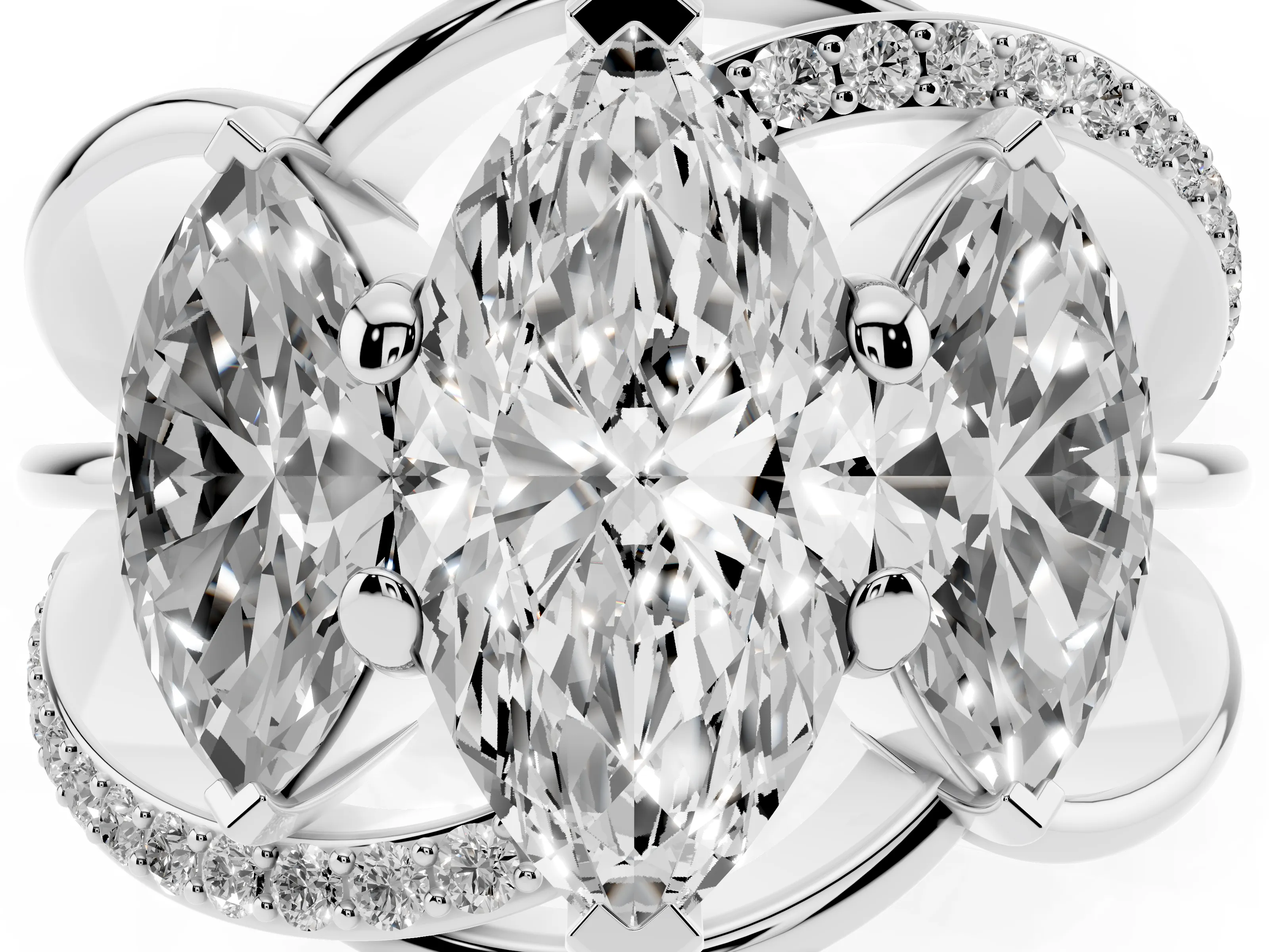 Marquise Cut Diamond Three-Stone Ring Set in Platinum with Split Shank and Prong Setting