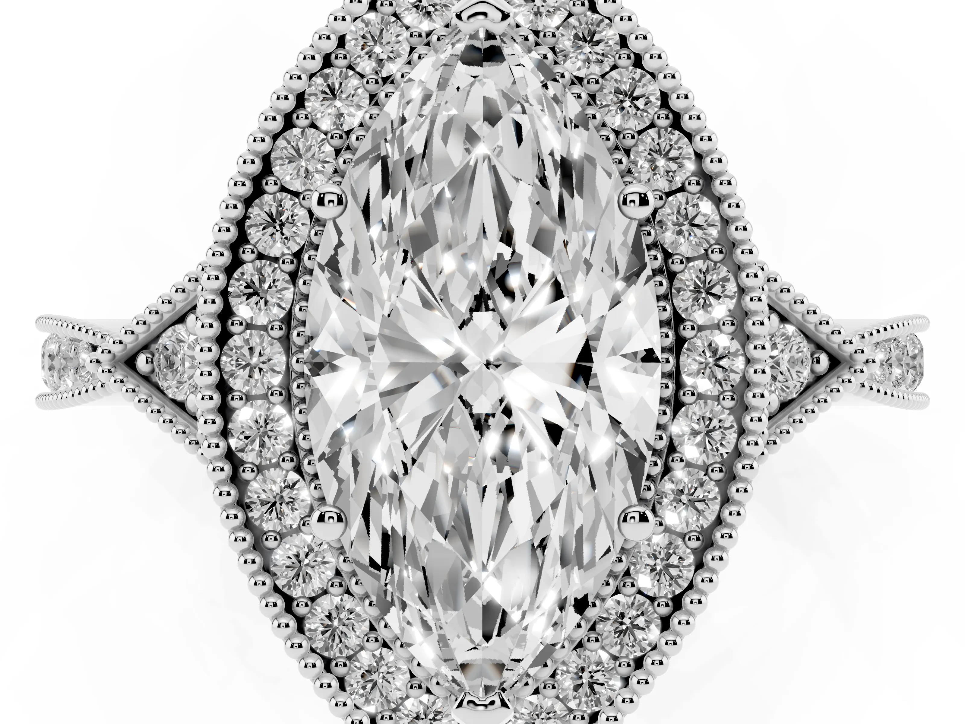 Marquise Cut Diamond Halo Engagement Ring Set in Silver with Milgrain Pavé Band