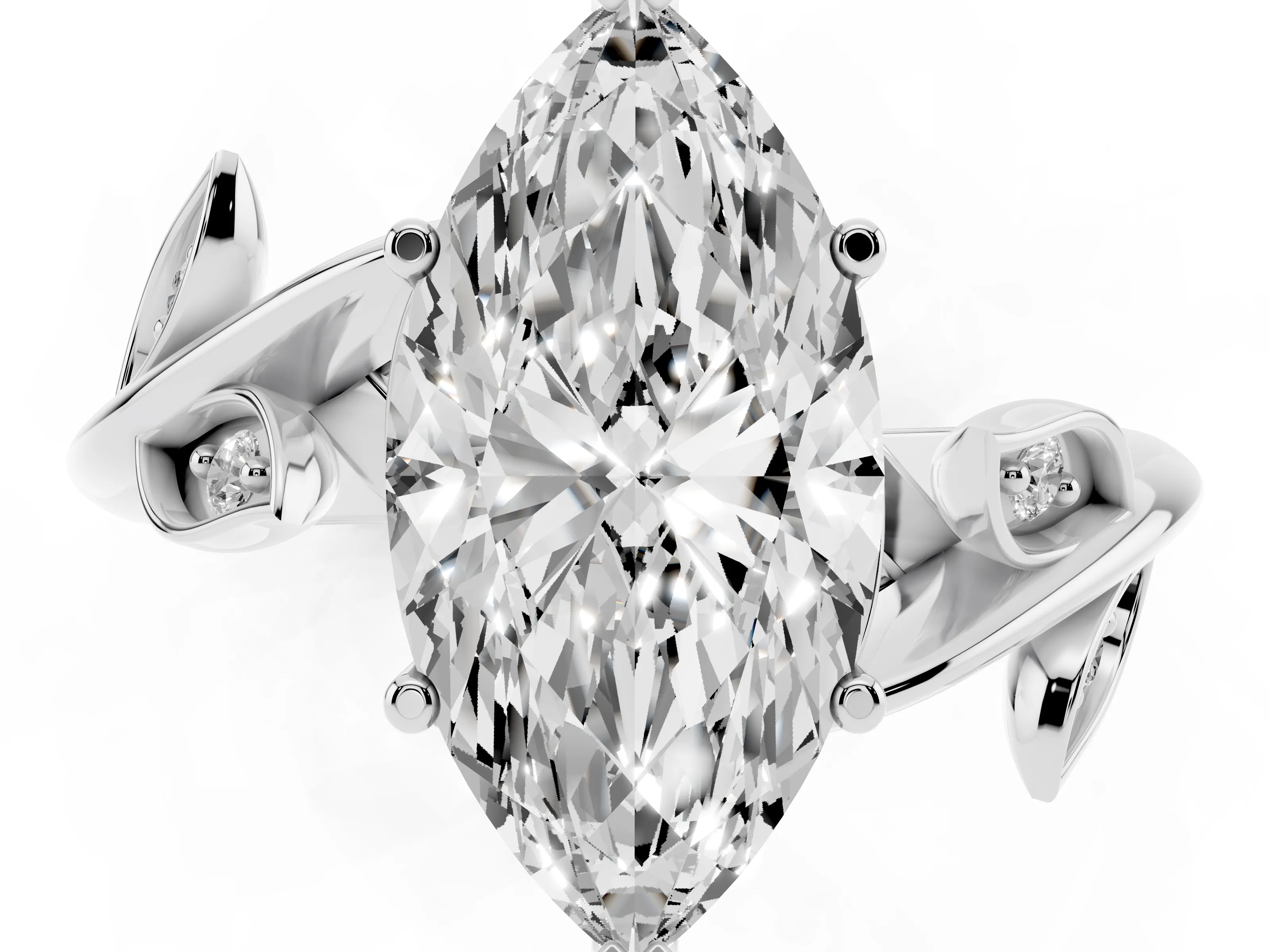 Marquise Cut Diamond Solitaire Twist Engagement Ring Set in Silver with Pavé Leaf Accents