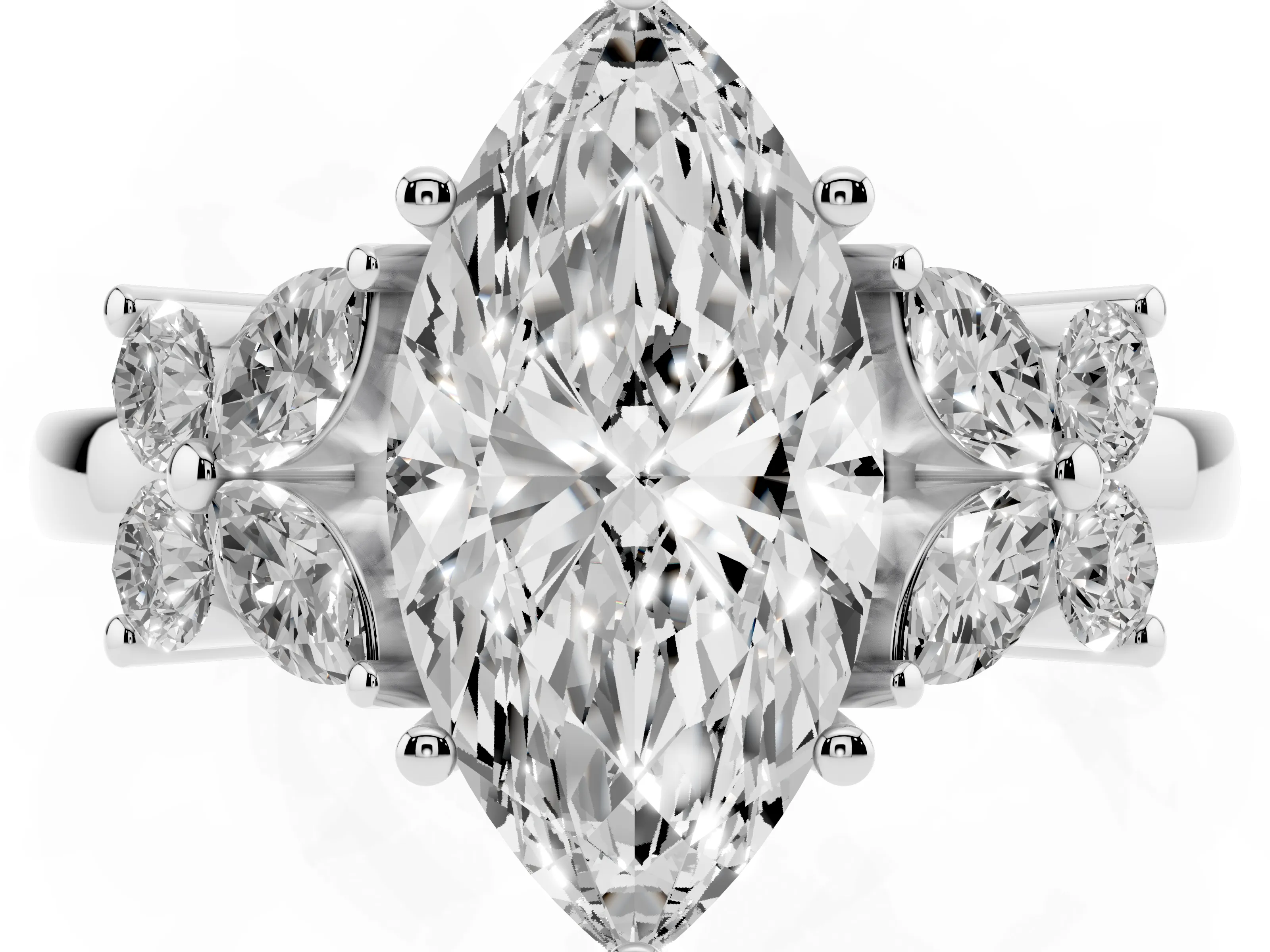 Marquise Cut Diamond Floral Cluster Ring Set in Silver with Marquise Petals and Prong Setting