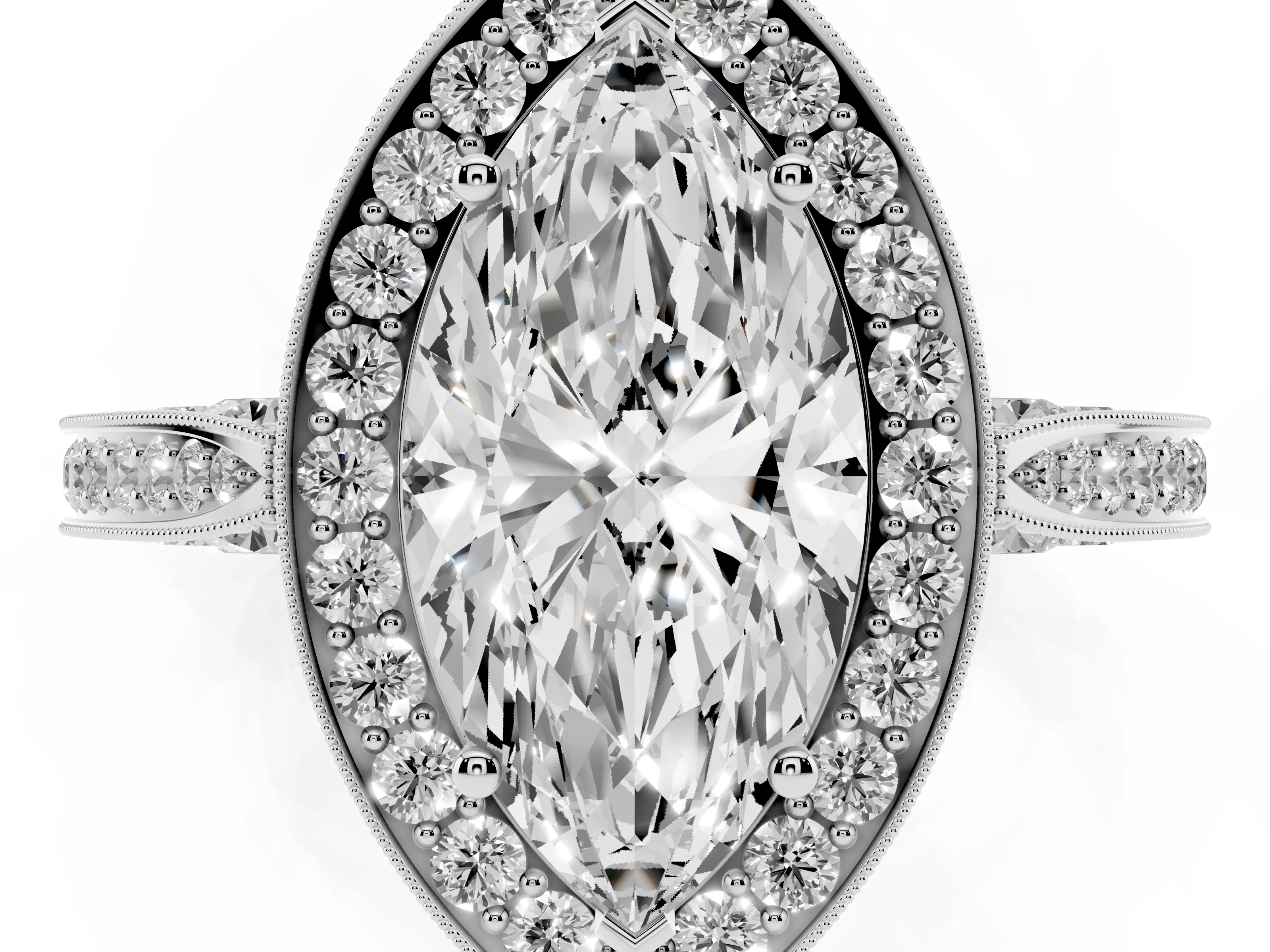Marquise Cut Diamond Halo Engagement Ring Set in Platinum with Accent Split Shank Band