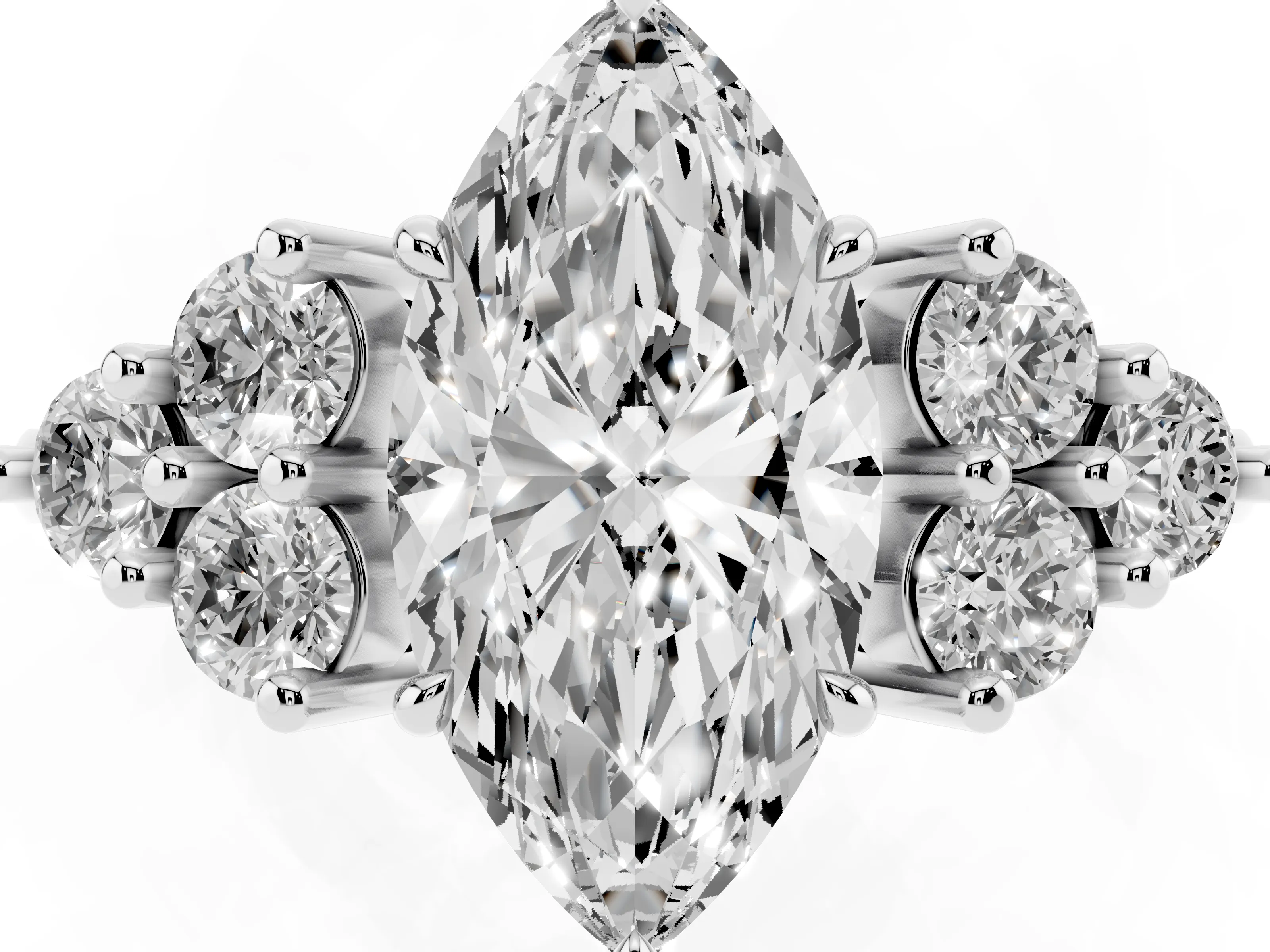 Marquise Cut Diamond Solitaire Ring Set in Platinum with Cluster Accents on Each Side