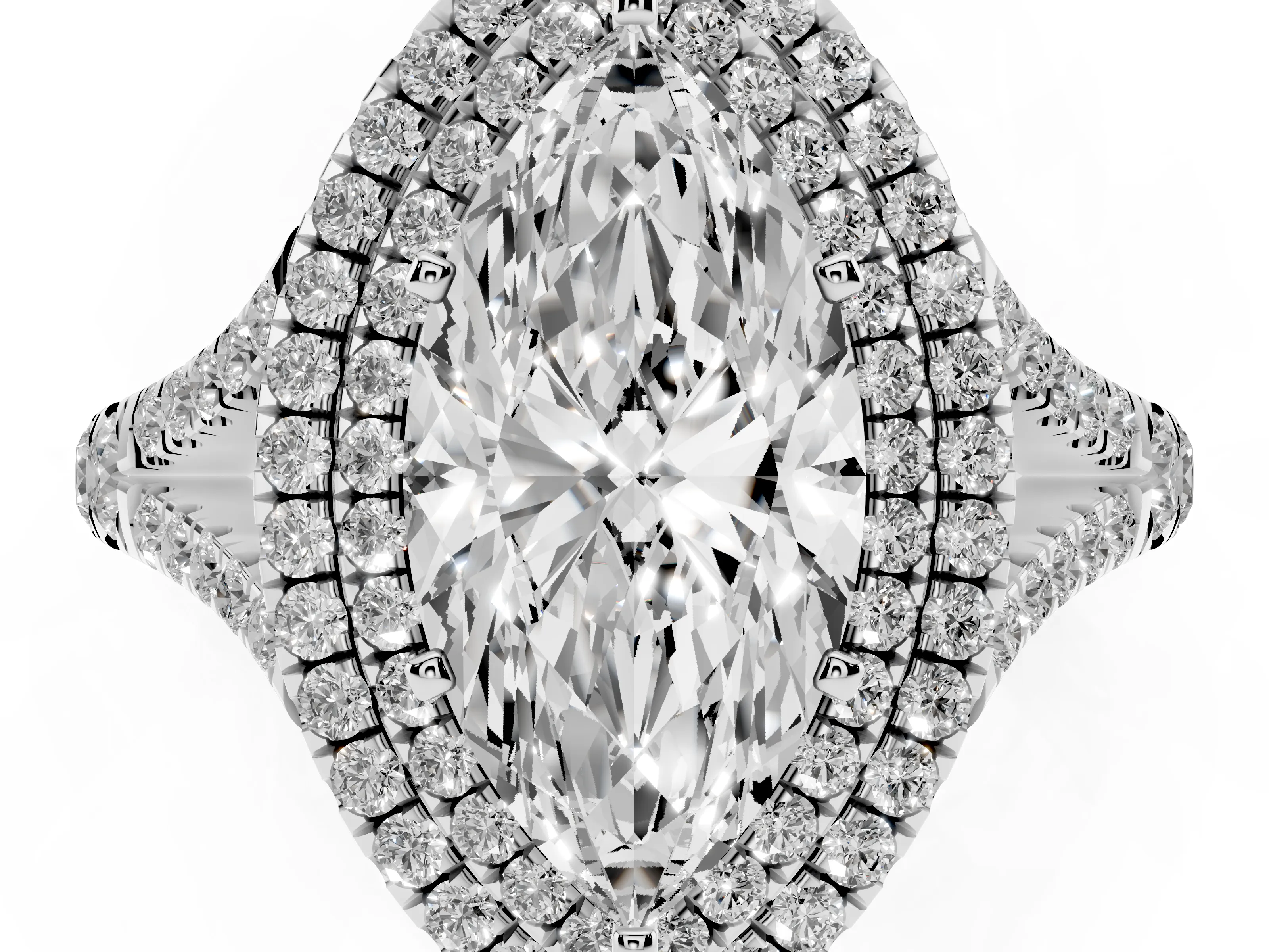 Marquise Cut Diamond Pavé Split Shank Double Halo Engagement Ring Set in Silver