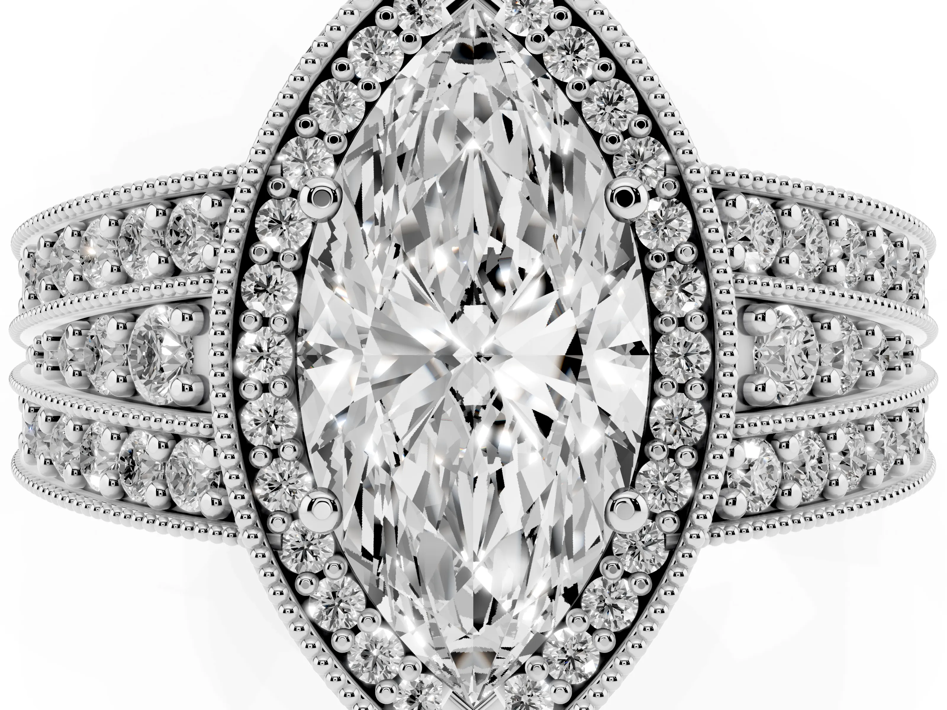 Marquise Cut Diamond Halo Ring Set in White gold with Accent Split Shank and Prong Setting