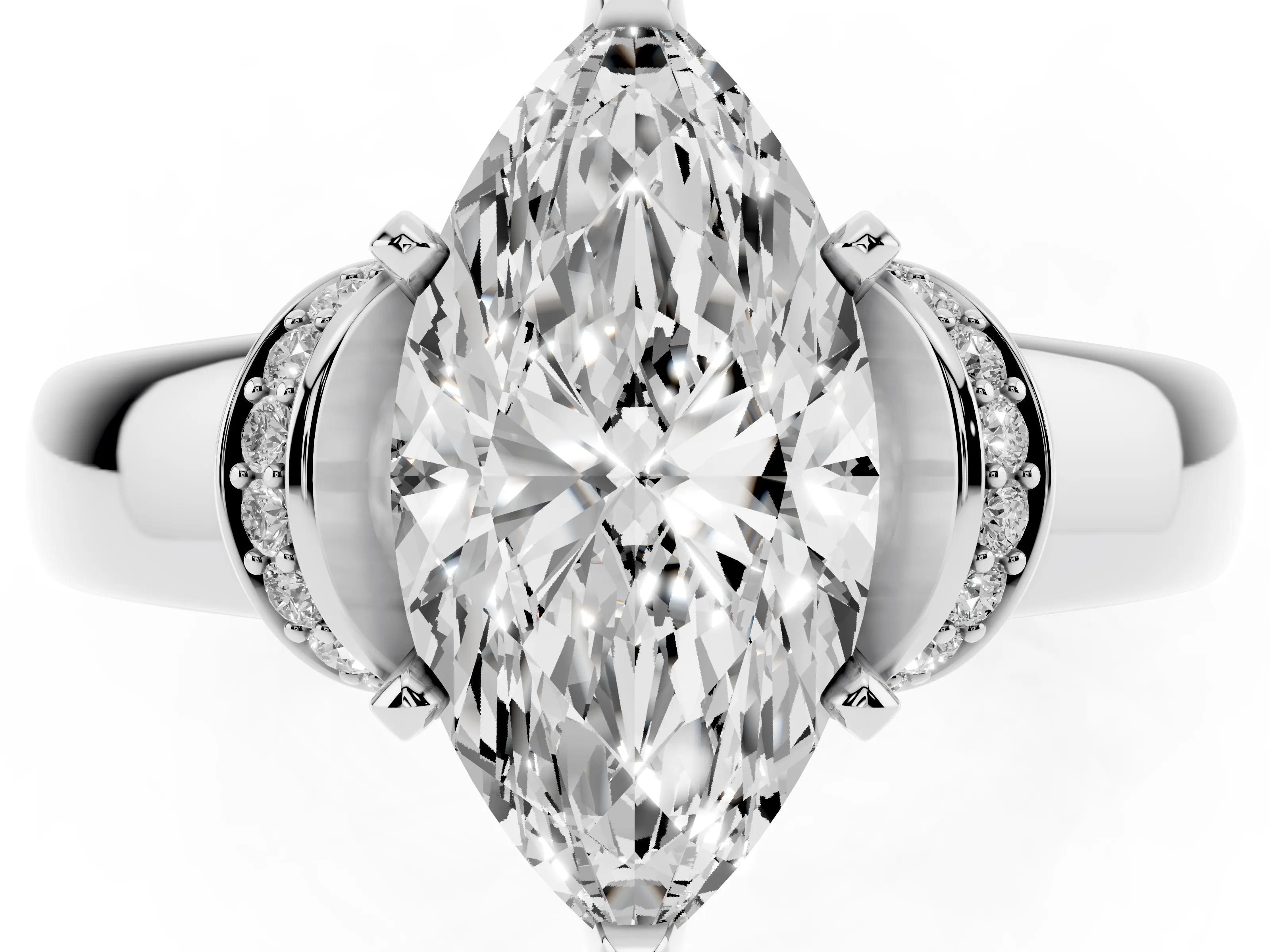Marquise Cut Diamond Pavé Band Solitaire Ring Set in Silver with Prong Setting