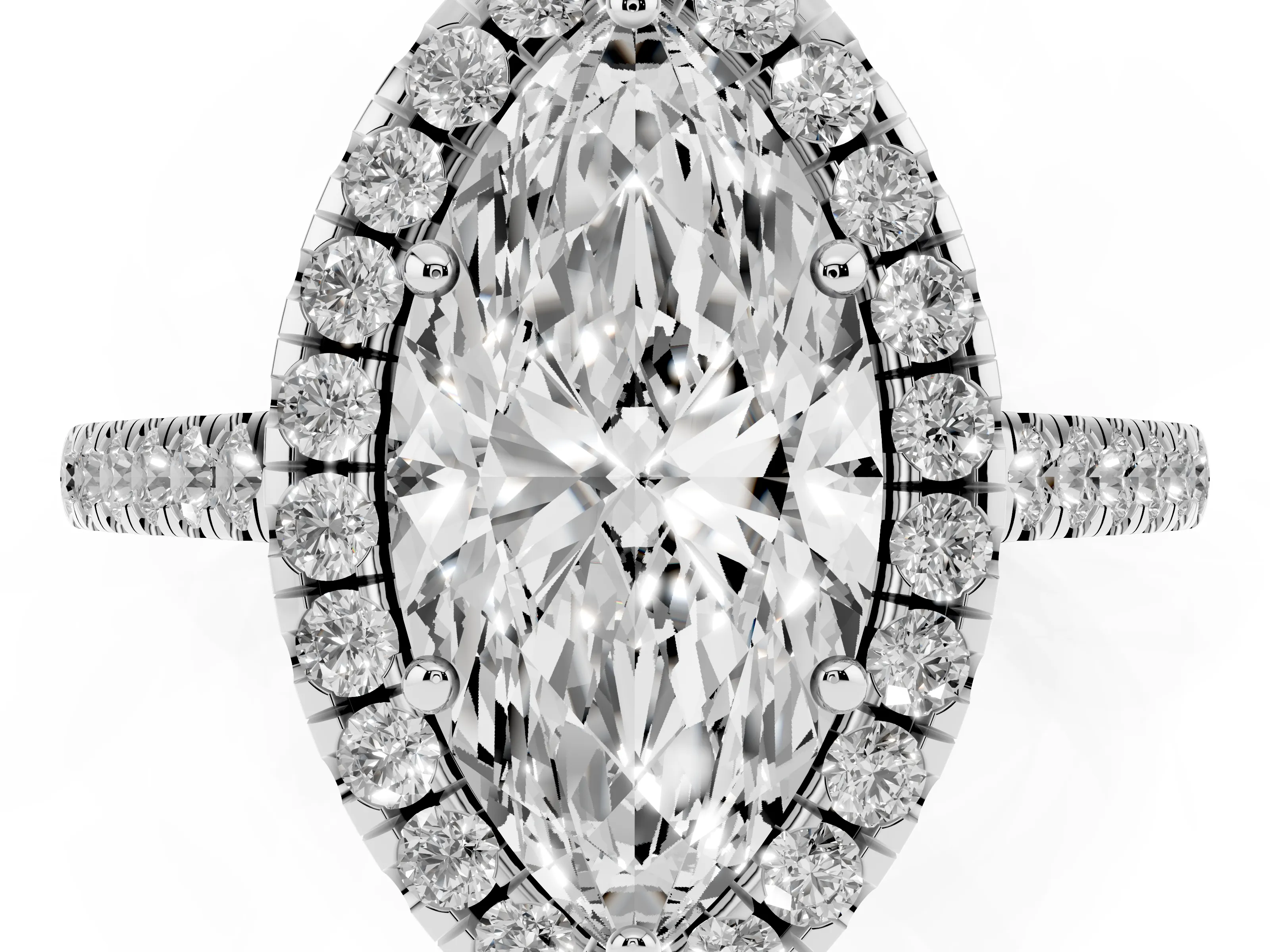 Marquise Cut Diamond Pavé Halo Engagement Ring Set in White gold with Pavé Band and Prong Setting