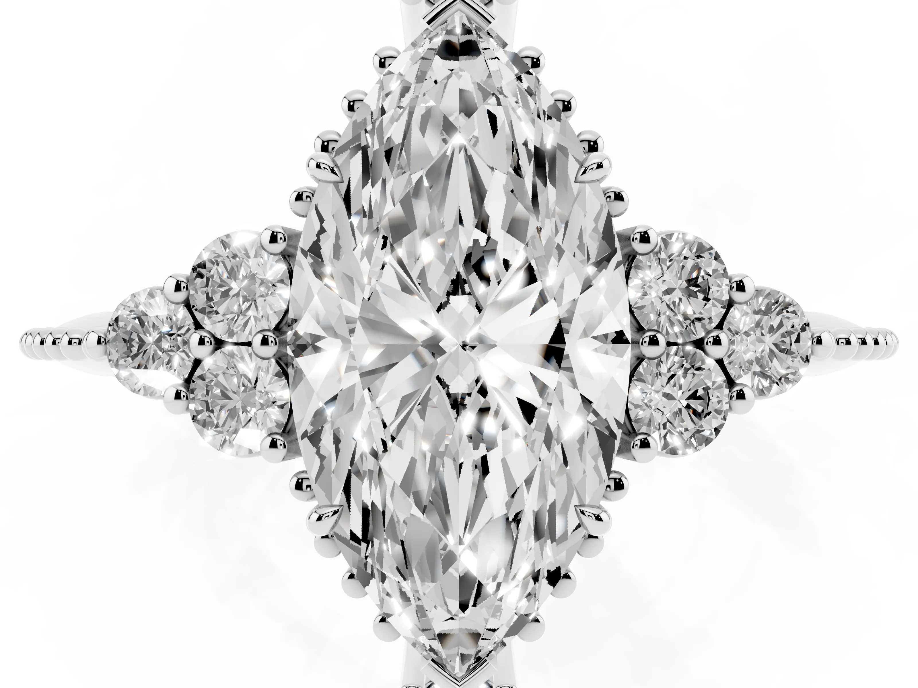 Marquise Cut Diamond Cluster Ring Set in Silver with Beaded Band