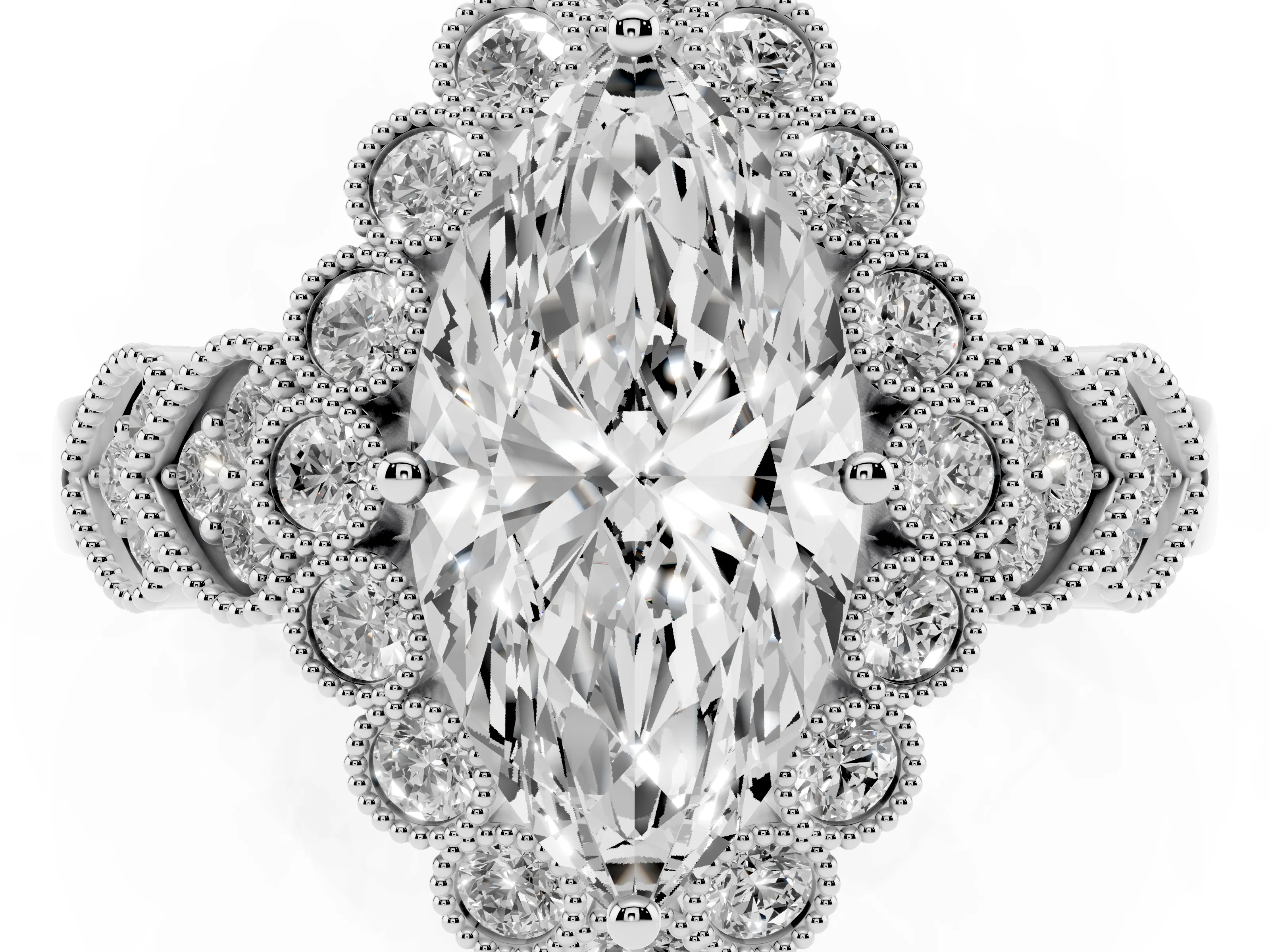 Marquise Cut Diamond Solitaire Ring Set in Platinum with Milgrain Pavé Heart Band