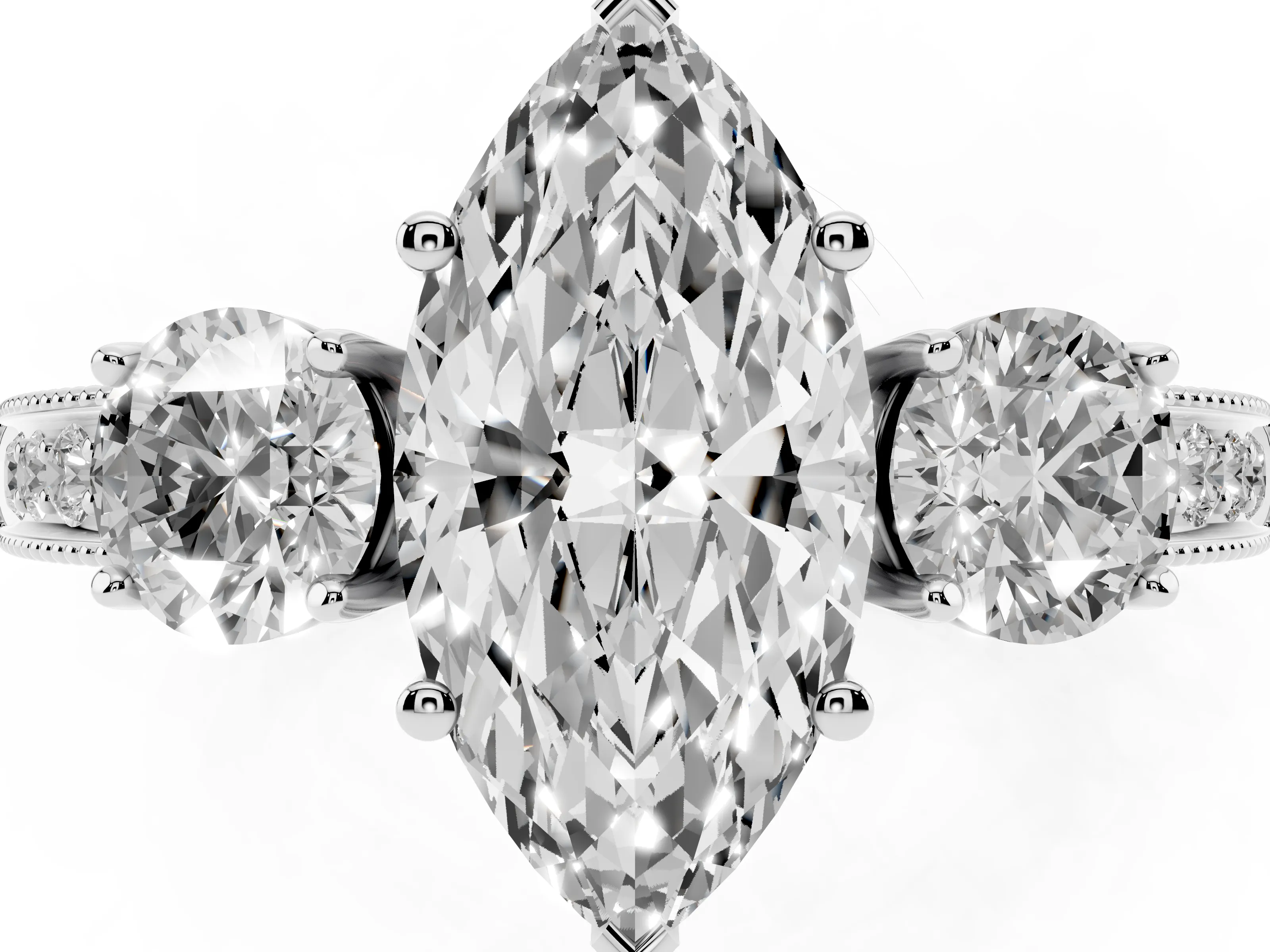 Marquise Cut Diamond Three-Stone Ring Set in Platinum with Round Side Stones and Pavé Band