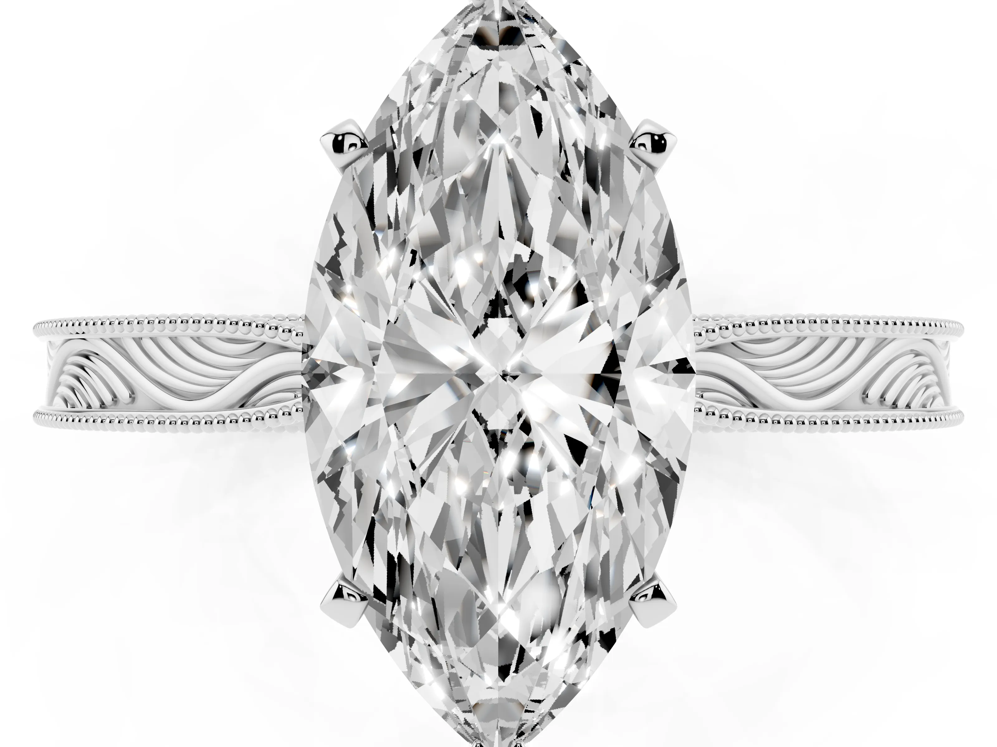 Marquise Cut Diamond Solitaire Milgrain Engraved Band Set in White gold with Prong Setting