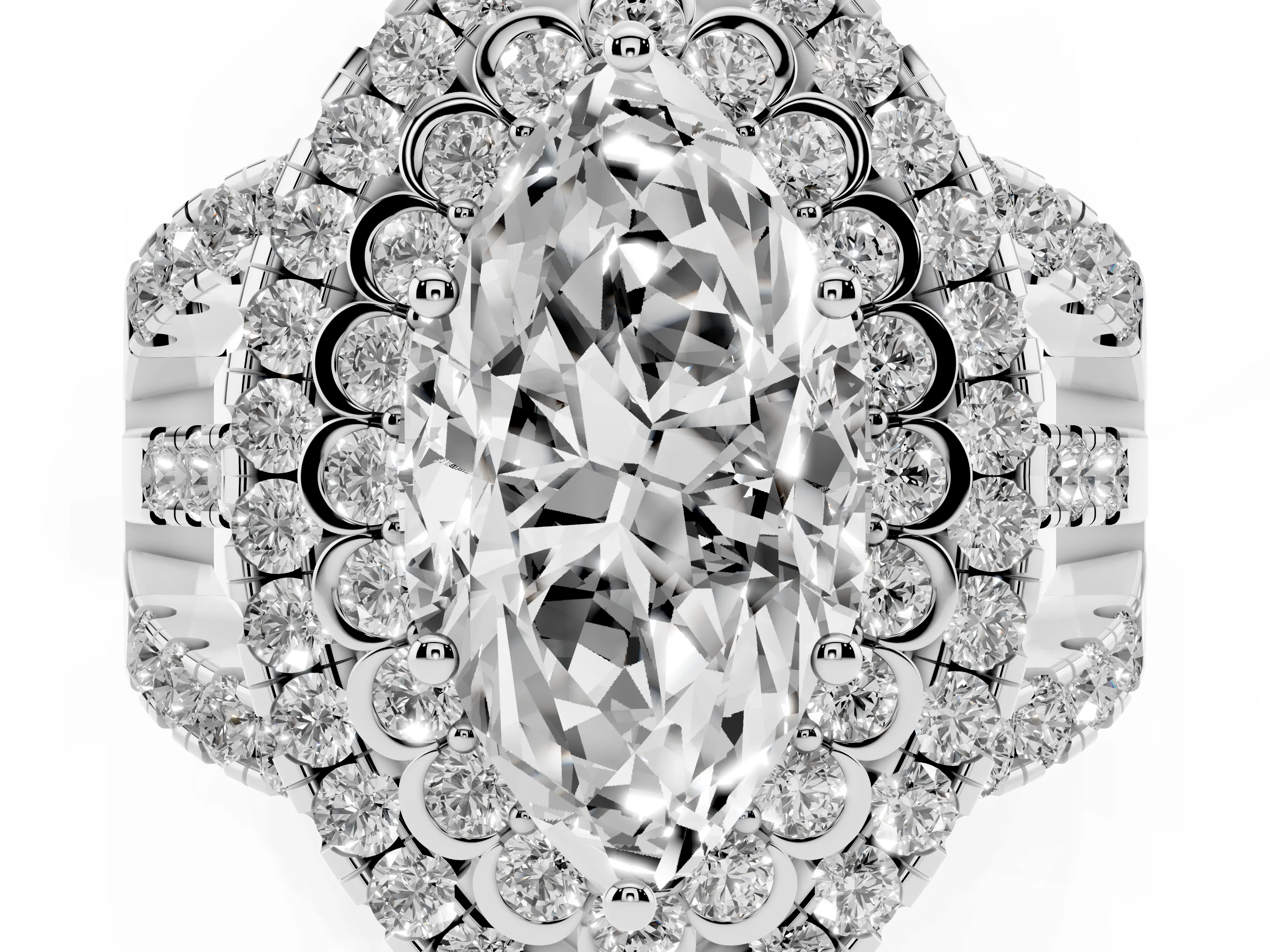 Marquise Cut Diamond Double Halo Ring Set in White gold with Round Pavé Split Shank