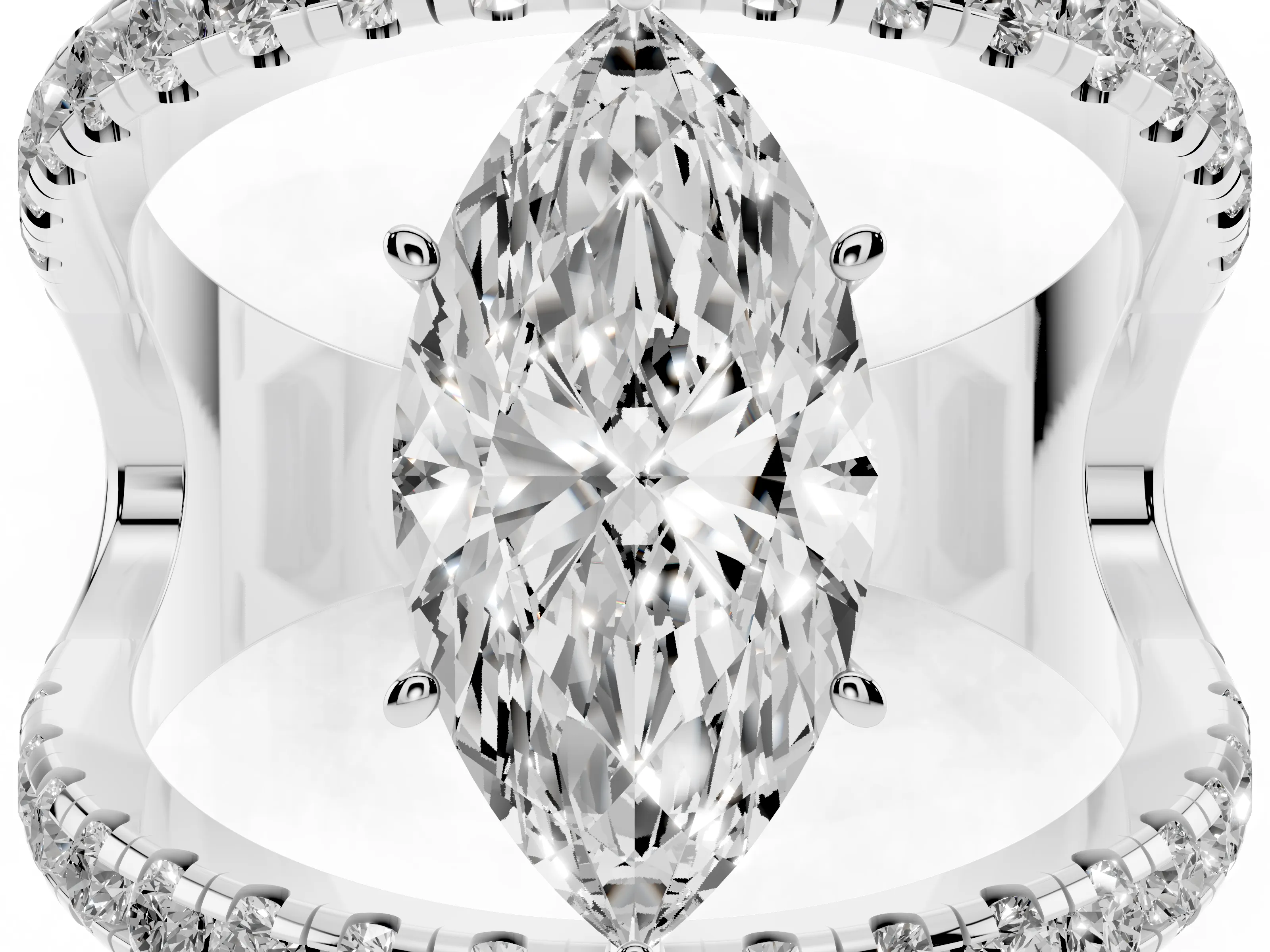 Marquise Cut Diamond Split Shank Pavé Solitaire Ring Set in Silver with Open Shank Design