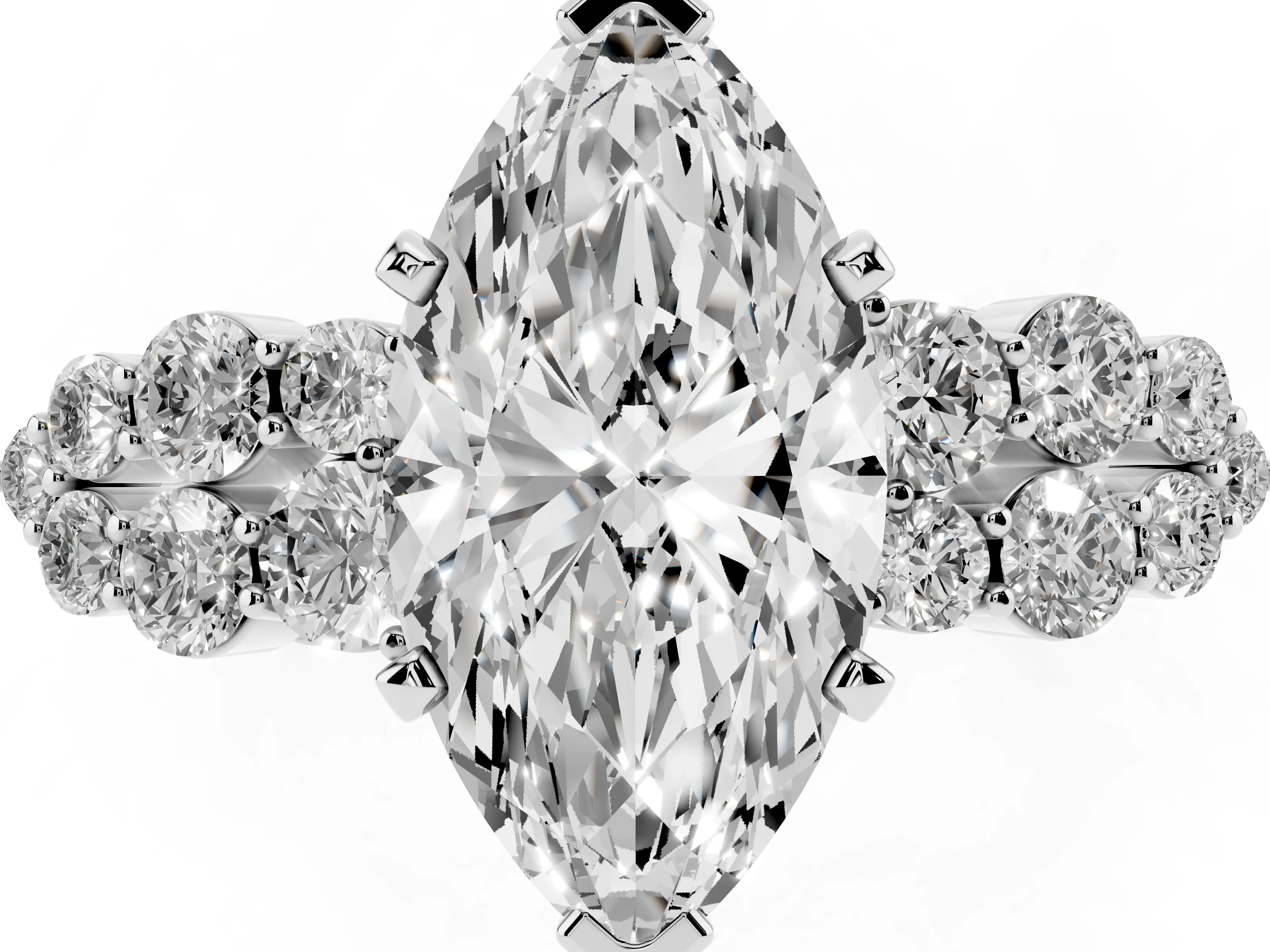 Marquise Cut Diamond Cluster Engagement Ring Set in Silver with Pavé Band and Prong Setting