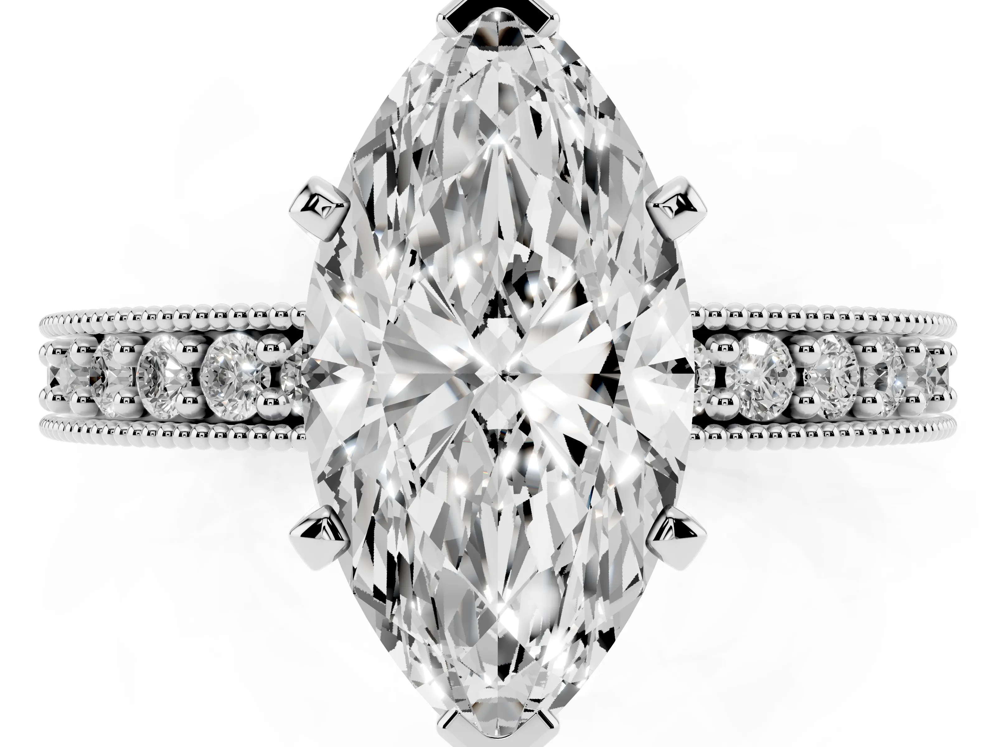 Marquise Cut Diamond Milgrain Pavé Engagement Ring Set in Silver with Prong Setting