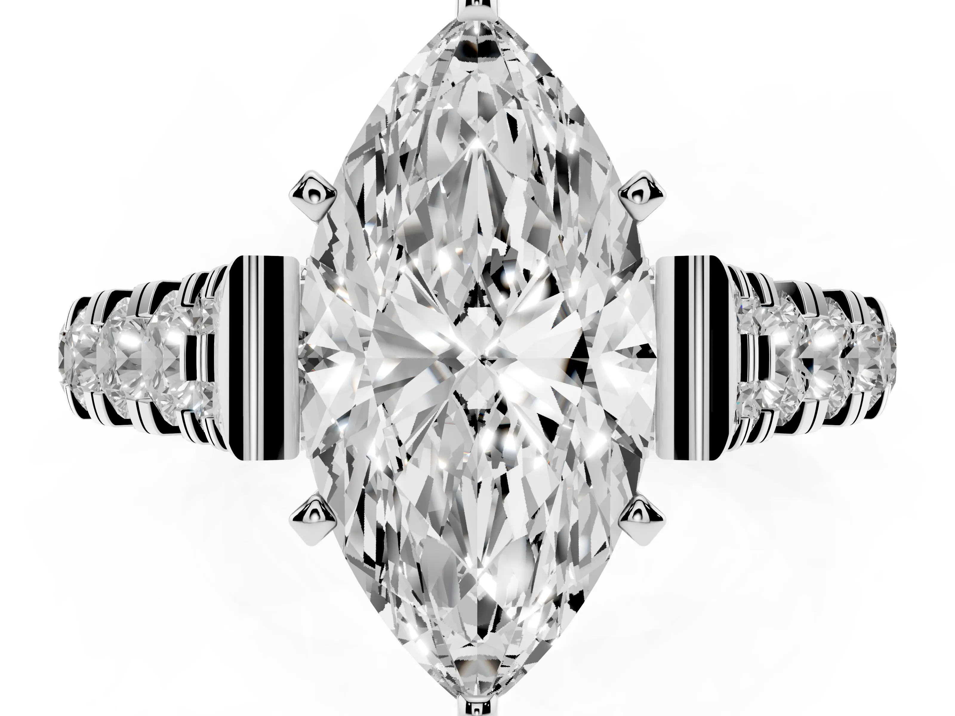 Marquise Cut Diamond Classic Solitaire Ring Set in White gold with Pavé Band and Prong Setting