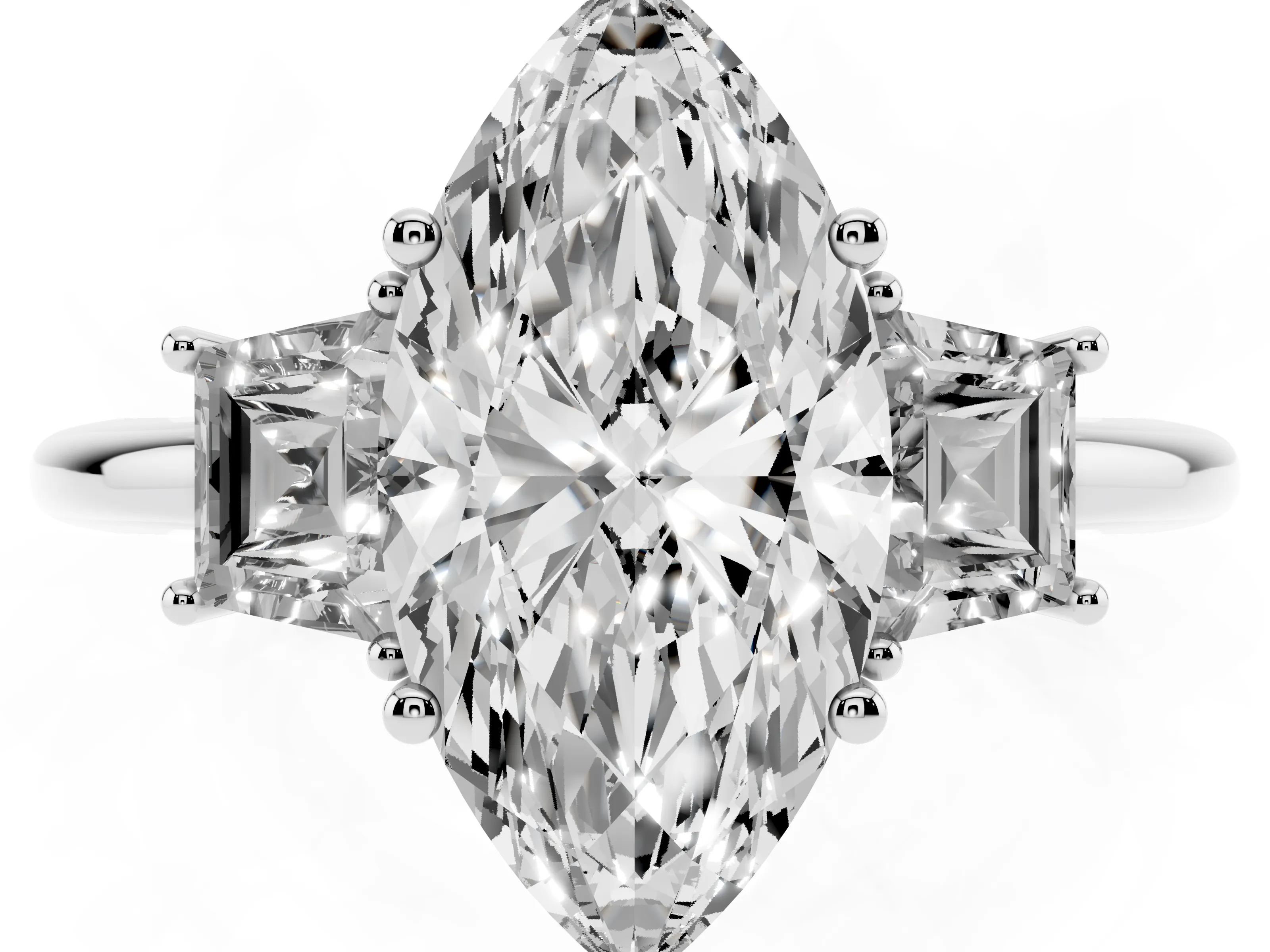Marquise Cut Diamond Three-Stone Ring Set in White gold with Trapezoid Side Stones and Prong Setting