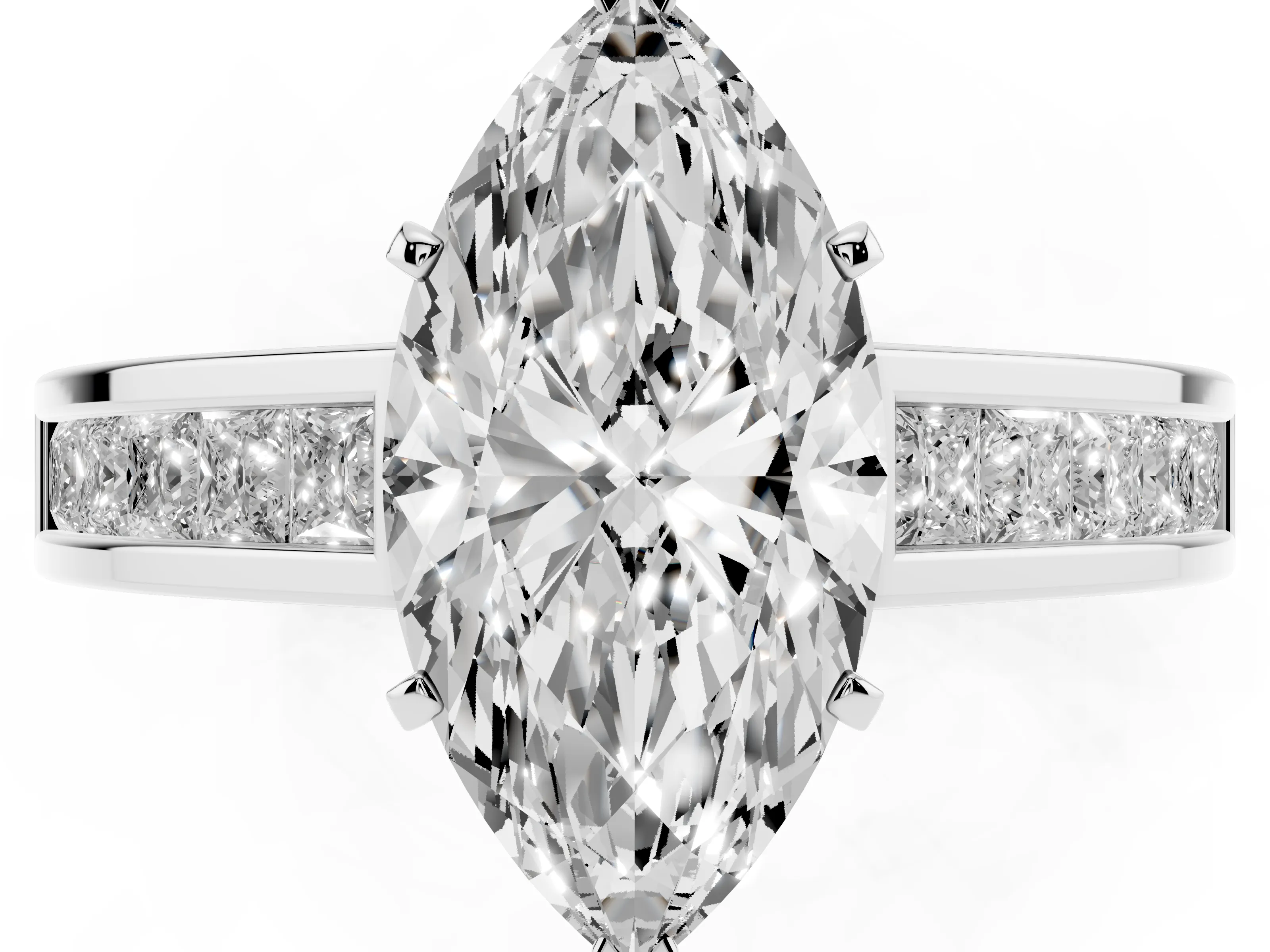 Marquise Cut Diamond Solitaire Ring Set in Platinum with Channel-Set Band and Prong Setting