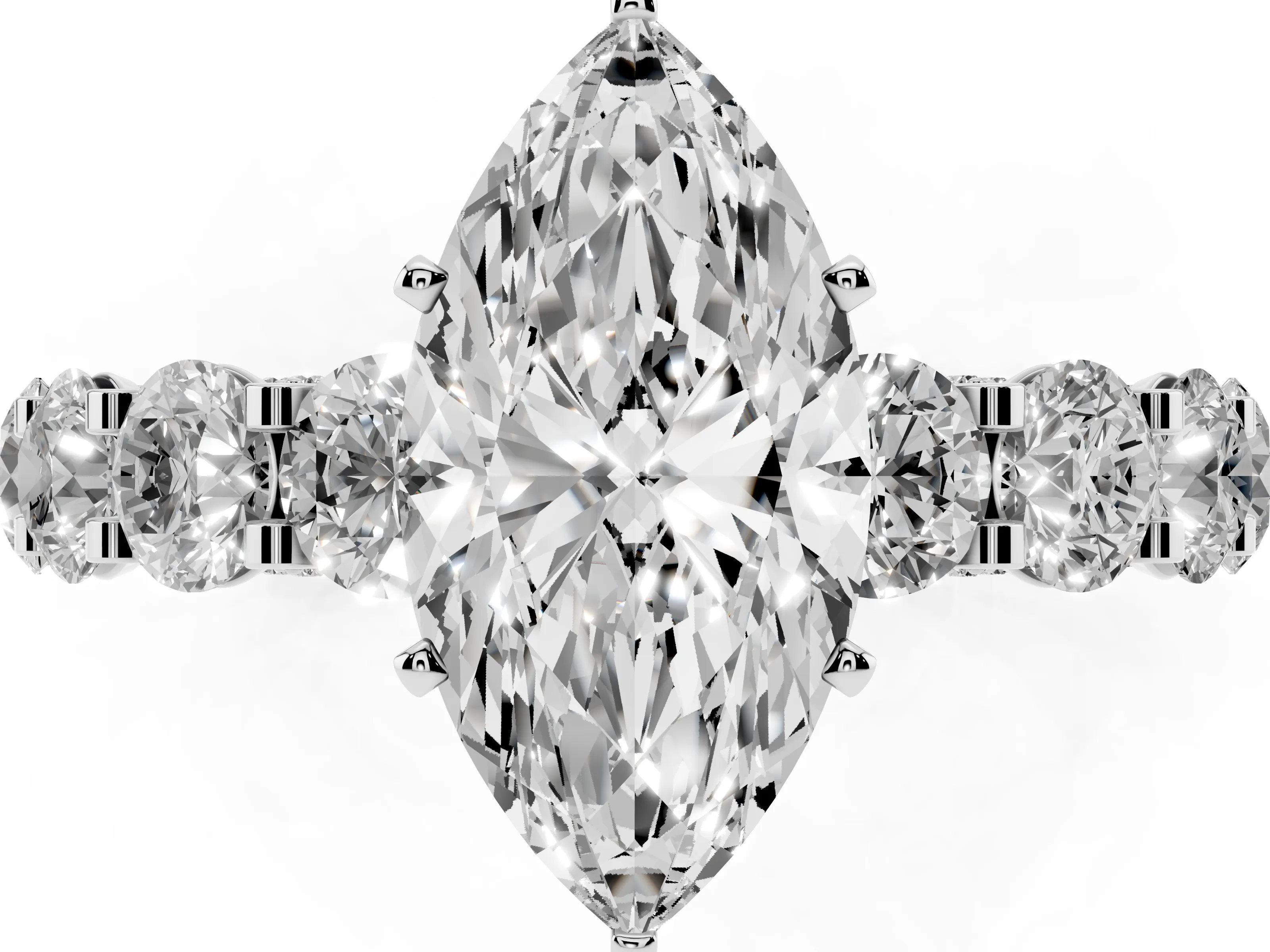 Marquise Cut Diamond Side Stone Ring Set in Silver with Alternating Round and Oval Side Stones