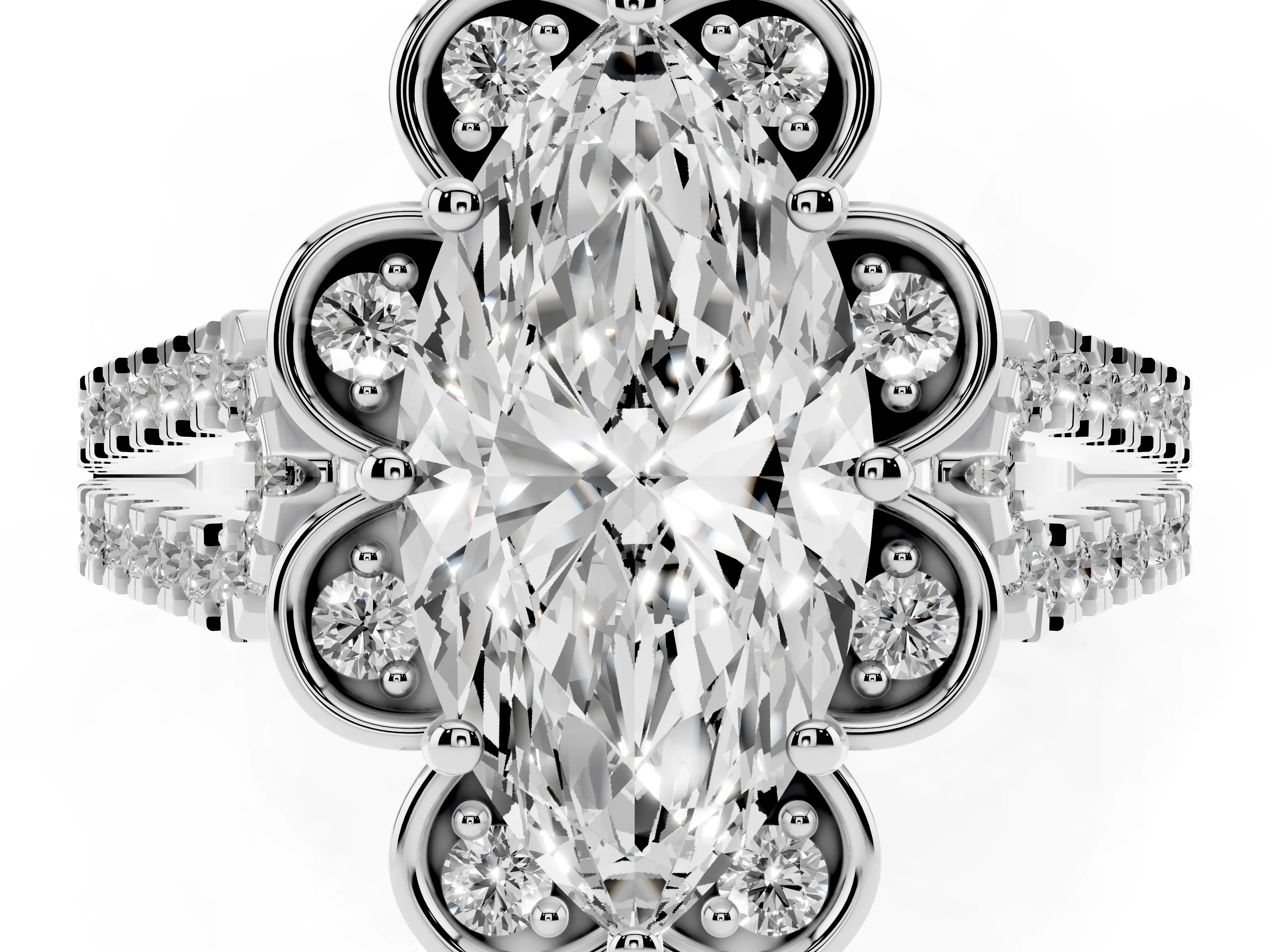 Marquise Cut Diamond Floral Halo Split Shank Engagement Ring Set in White gold with Pavé Shank