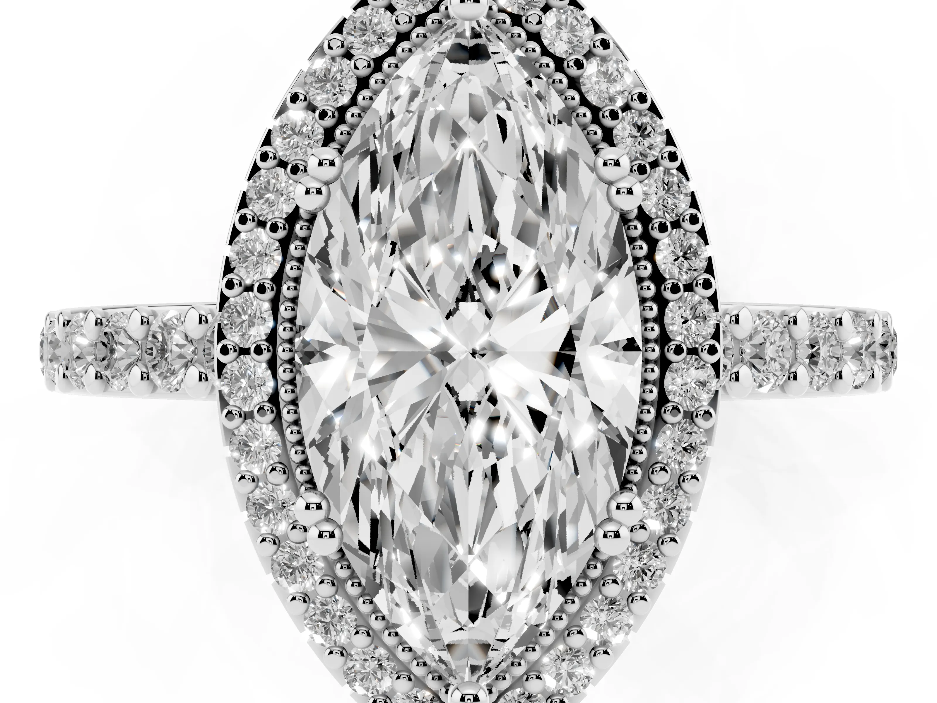 Marquise Cut Diamond Halo Engagement Ring Set in Platinum with Milgrain Detail and Pavé Band