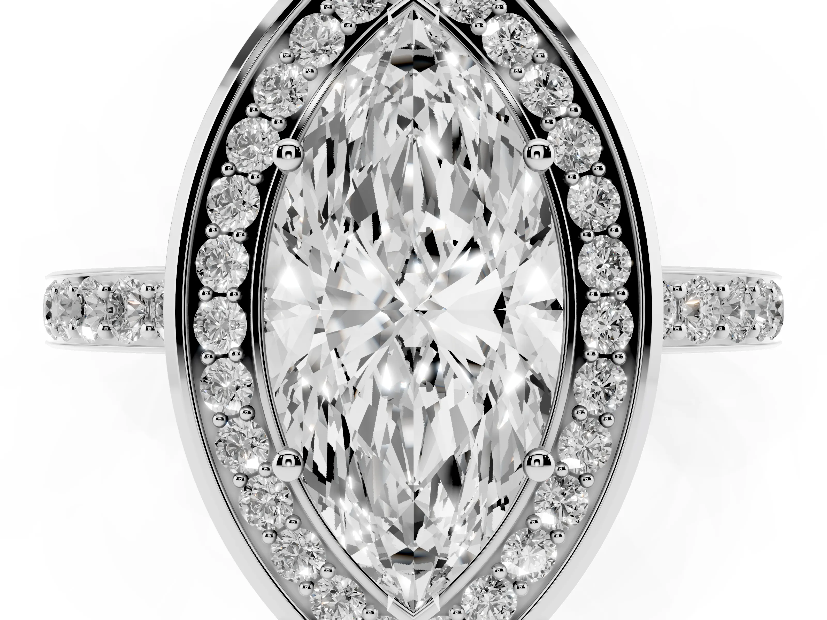Marquise Cut Diamond Halo Ring Set in Platinum with Bezel Frame and Pavé Band