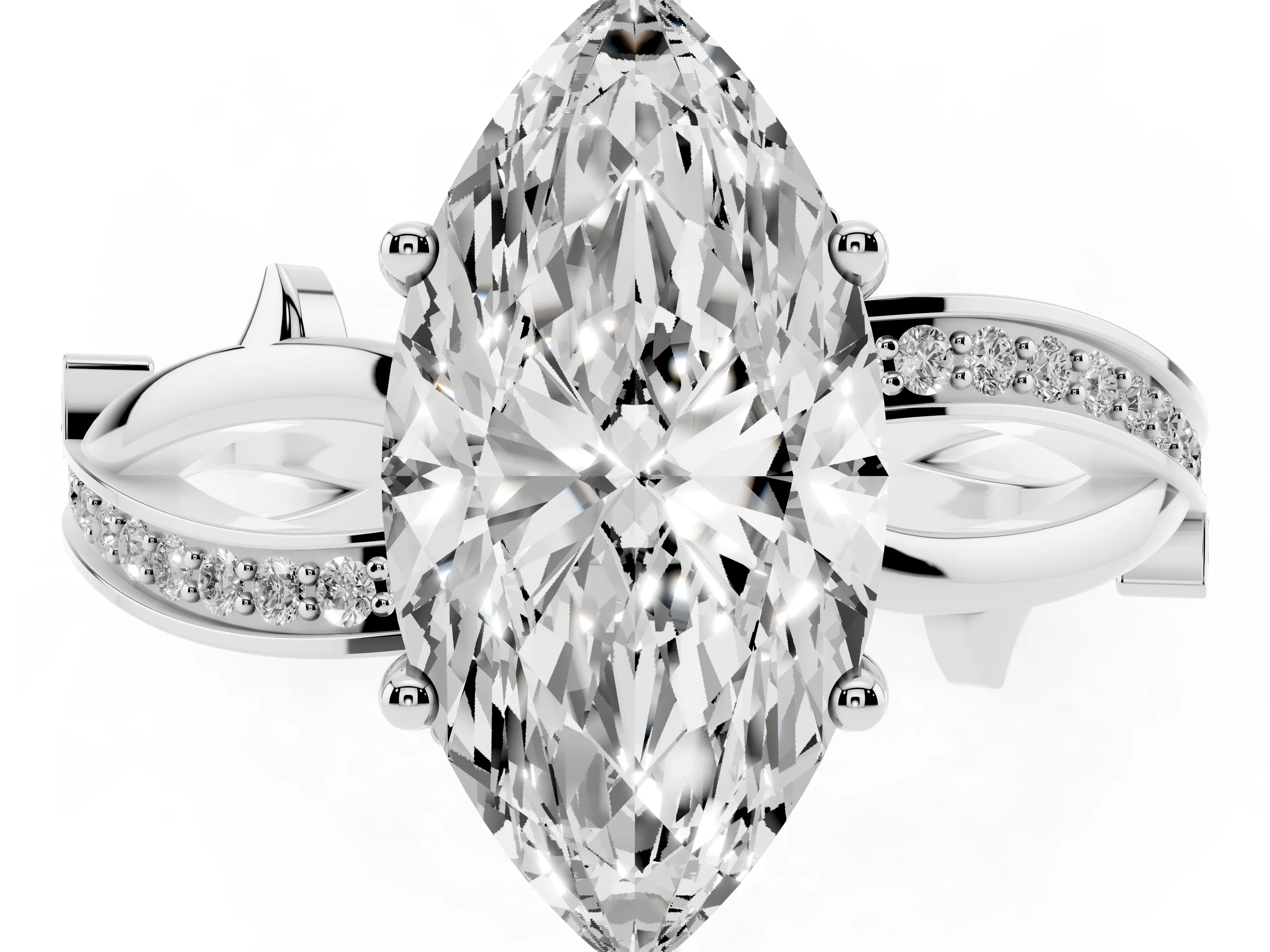 Marquise Cut Diamond Pavé Twist Band Solitaire Ring Set in White gold with Prong Setting