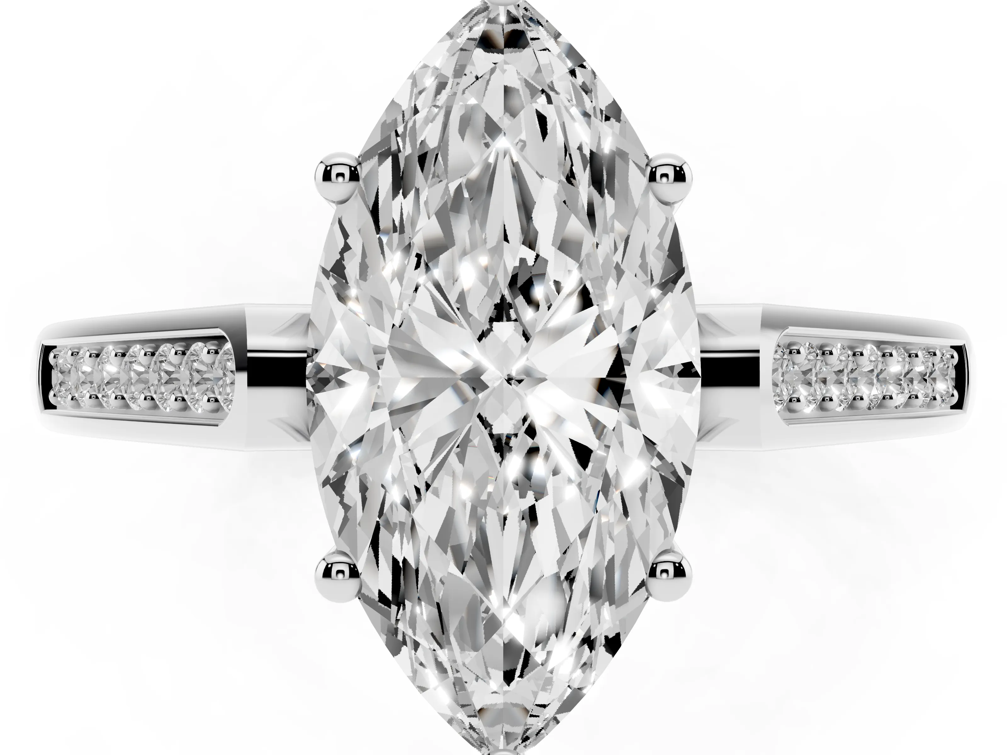 Marquise Cut Diamond Solitaire Cathedral Engagement Ring Set in White gold with Channel-Set Band and Prong Setting