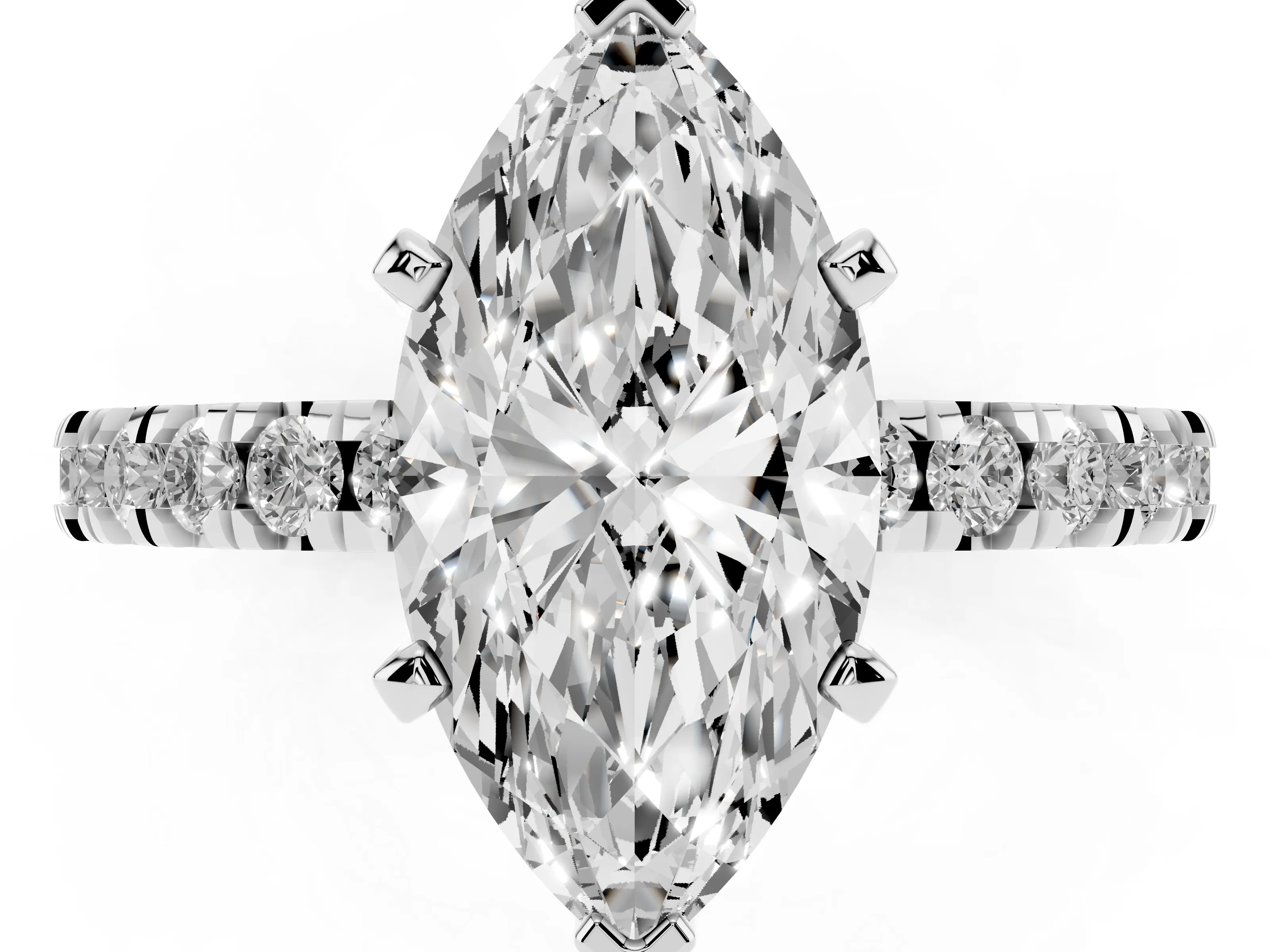 Marquise Cut Diamond Pavé Band Solitaire Set in White gold with Prong Setting