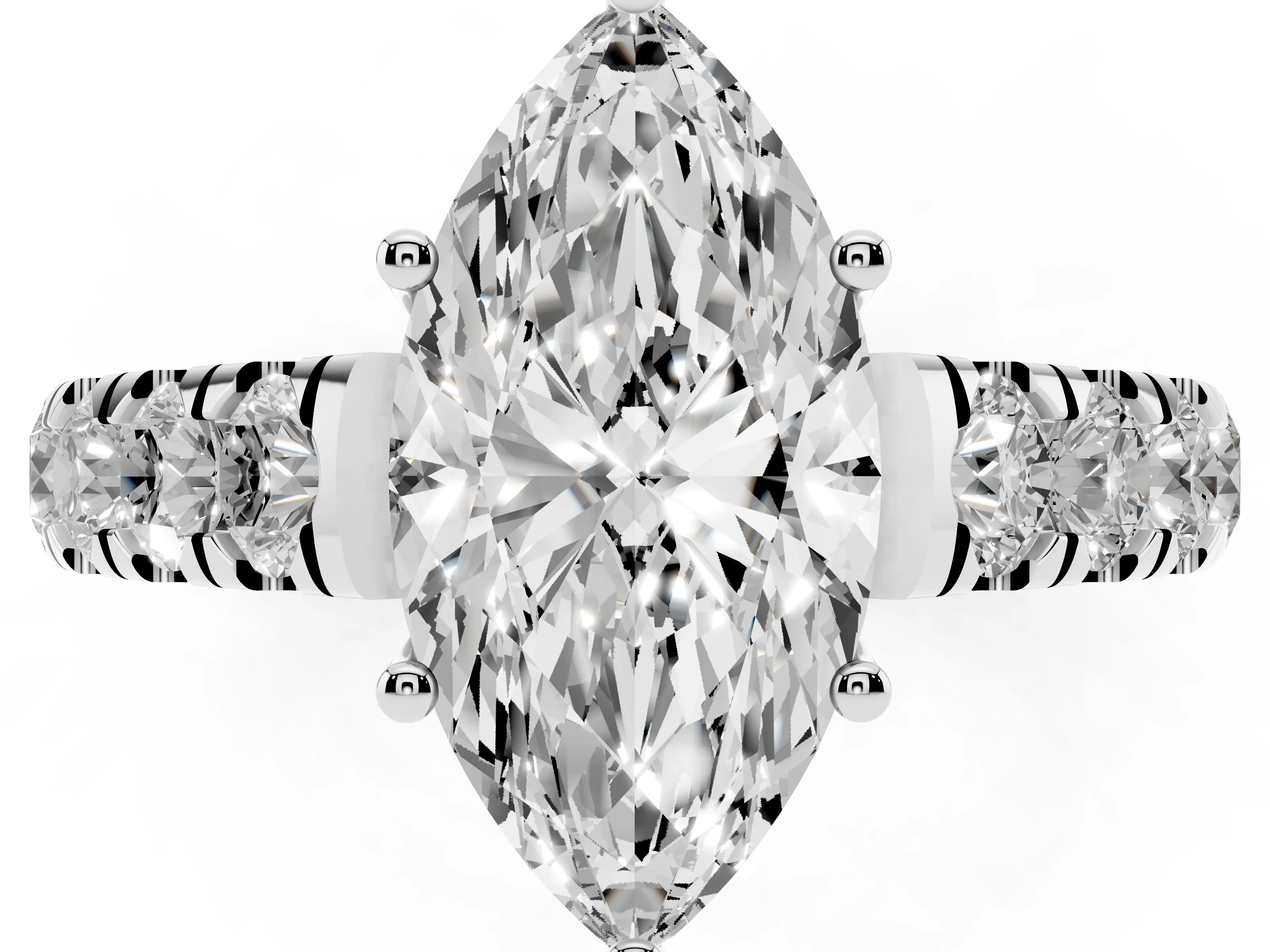 Marquise Cut Diamond Solitaire Ring Set in White gold with Cut-Down Micro Pavé Band and Prong Setting