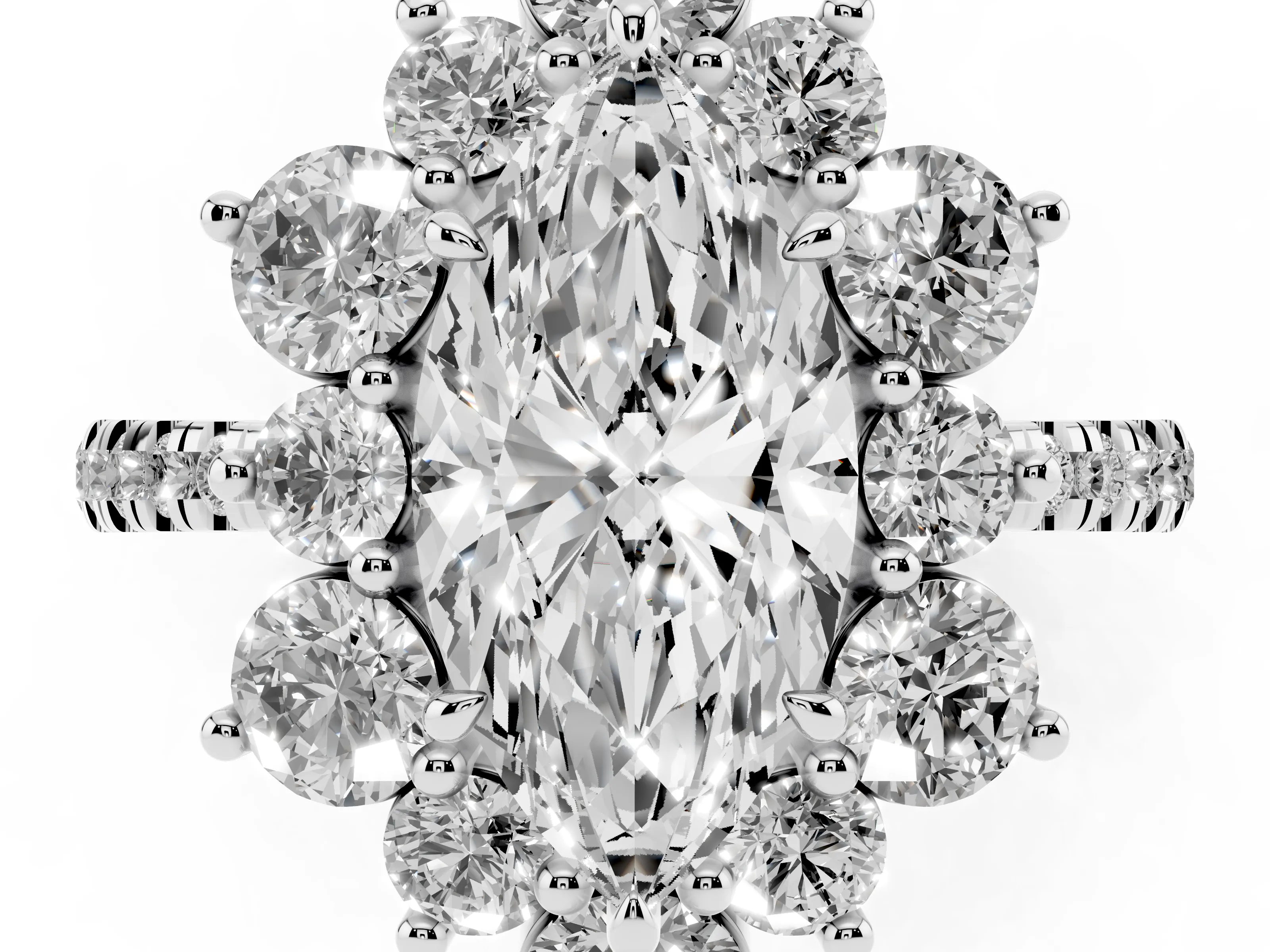 Marquise Cut Diamond Floral Halo Ring Set in Platinum with Round Pavé Band and Prong Setting