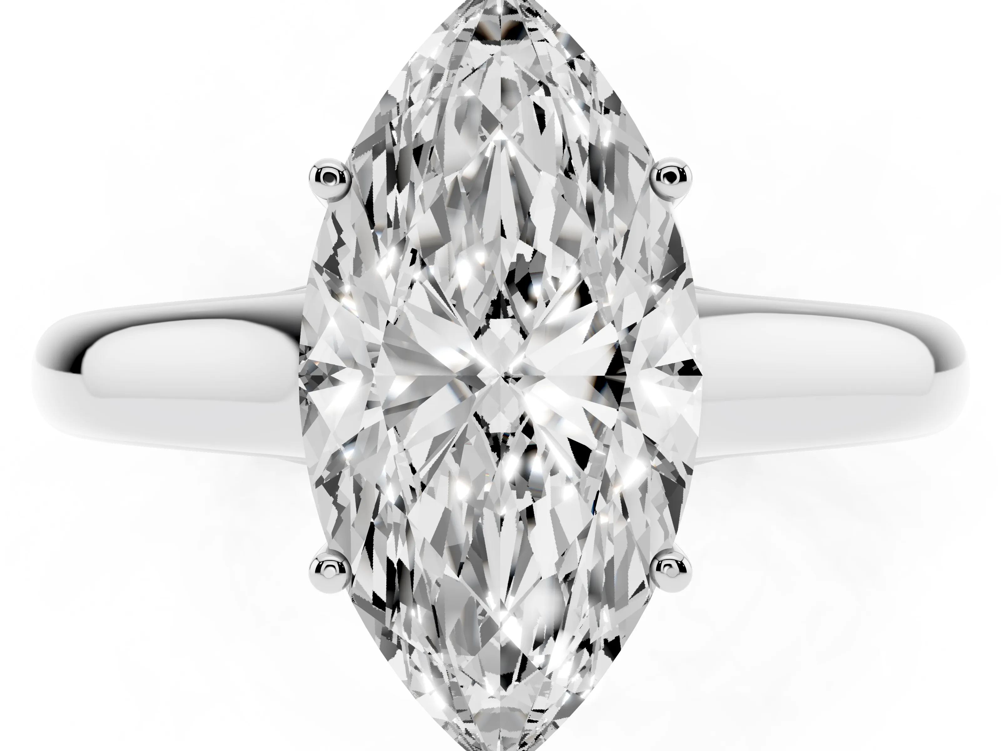 Marquise Cut Diamond Solitaire Engagement Ring Set in White gold with Subtly Tapered Band and Prong Setting