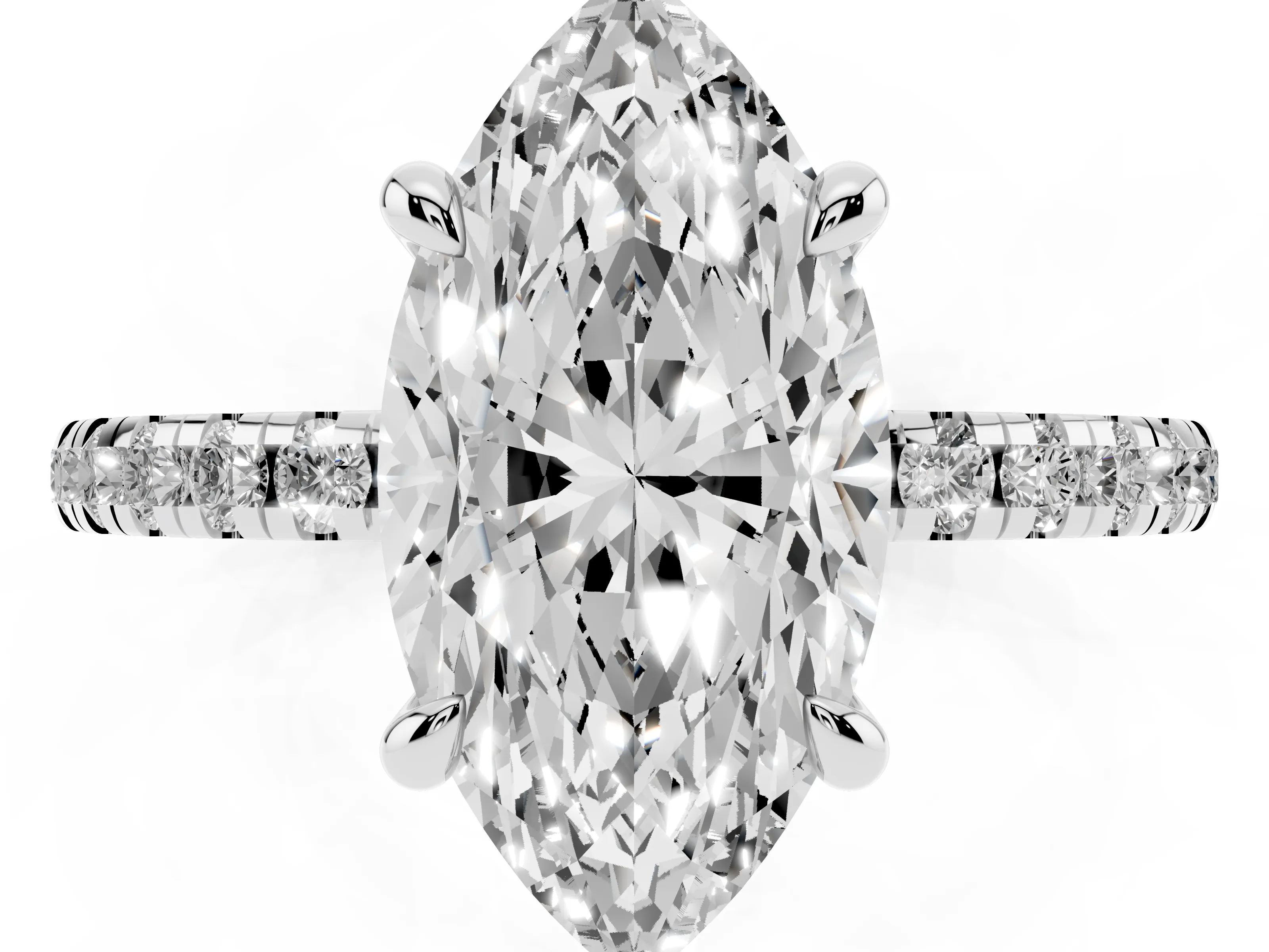 Marquise Cut Diamond Brilliant Solitaire Ring Set in White gold with Pavé Band and Prong Setting