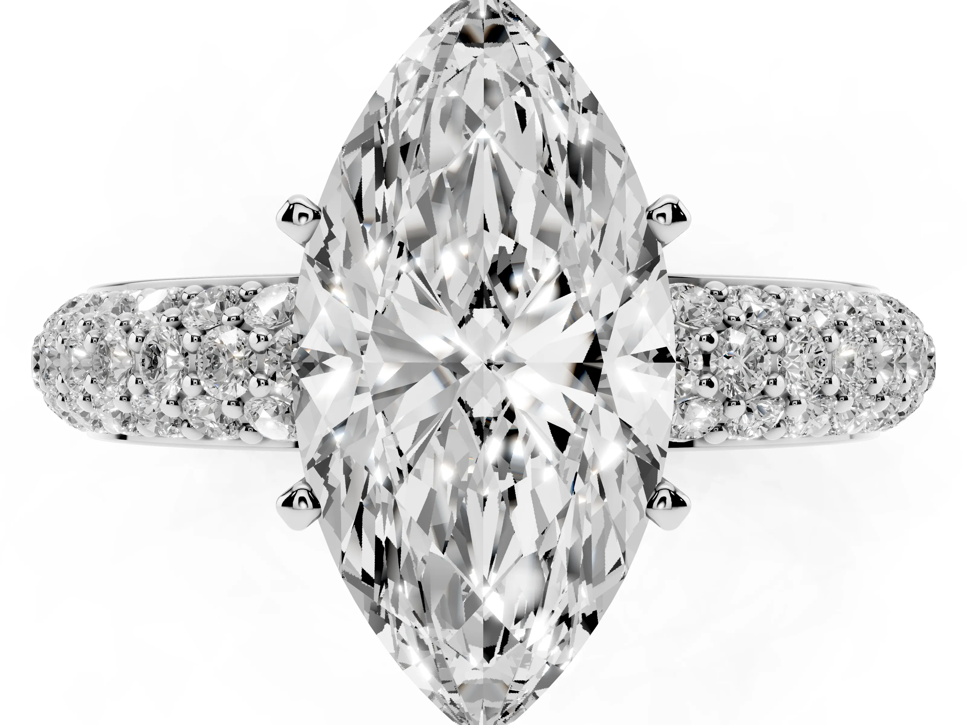 Marquise Cut Diamond Solitaire Ring Set in White gold with Prong Setting and Pavé-Set Band