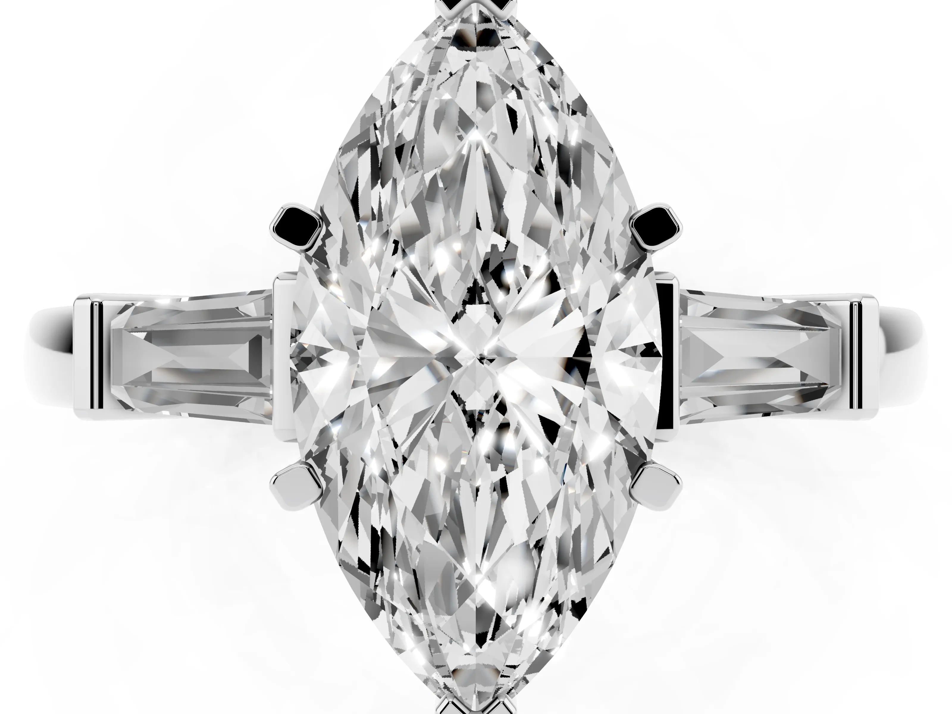 Marquise Cut Diamond Solitaire Ring Set in Platinum with Tapered Baguette Accents and Prong Setting