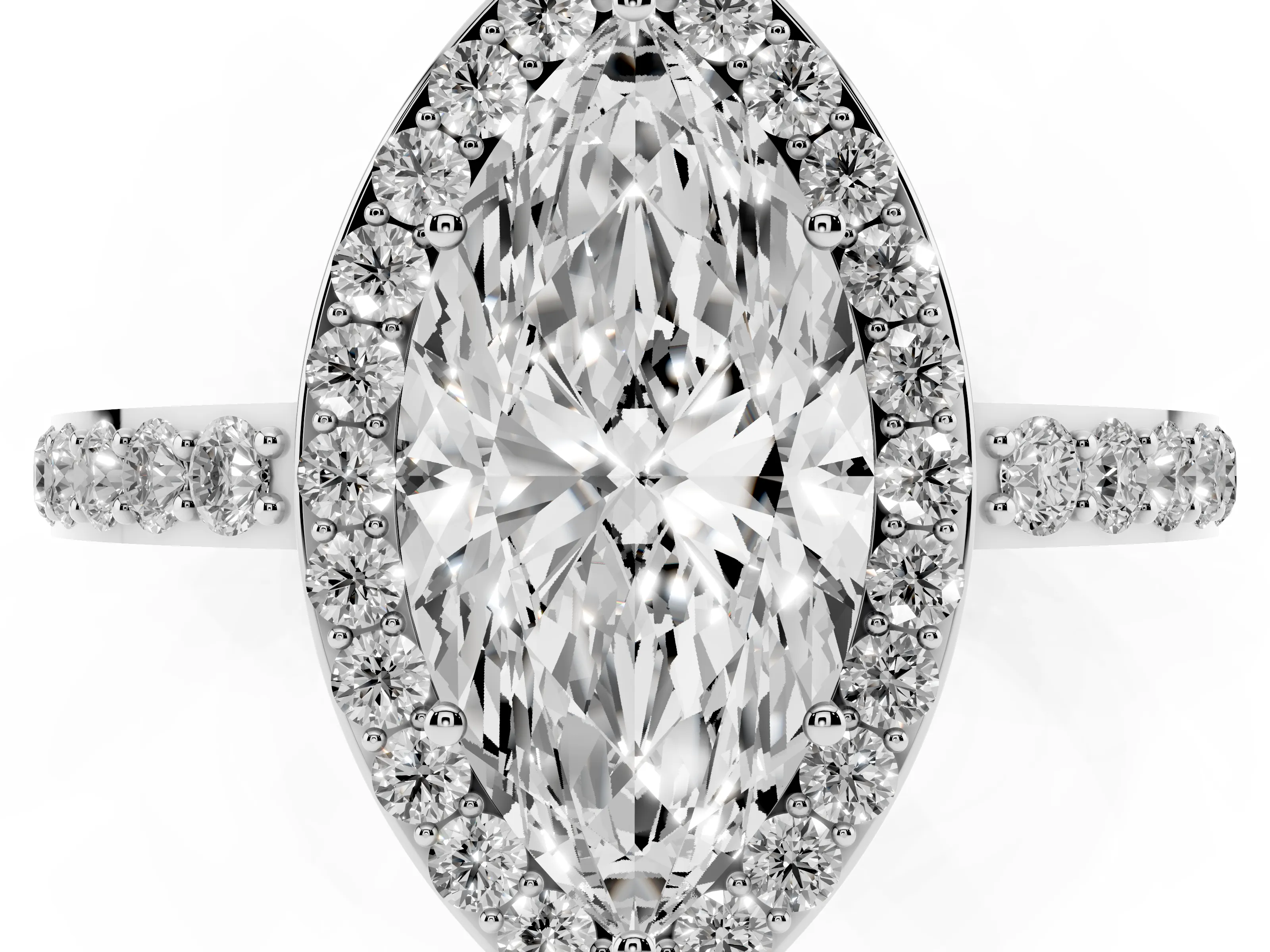 Marquise Cut Diamond Halo Ring Set in Silver with Pavé-Setting Band and Open Prong Center