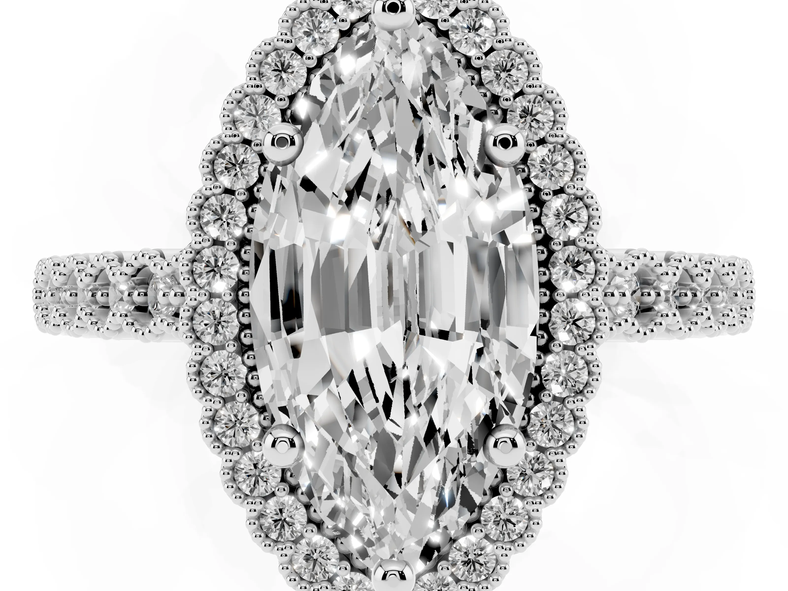 Marquise Cut Diamond Halo Ring Set in White gold with Pavé Milgrain Band