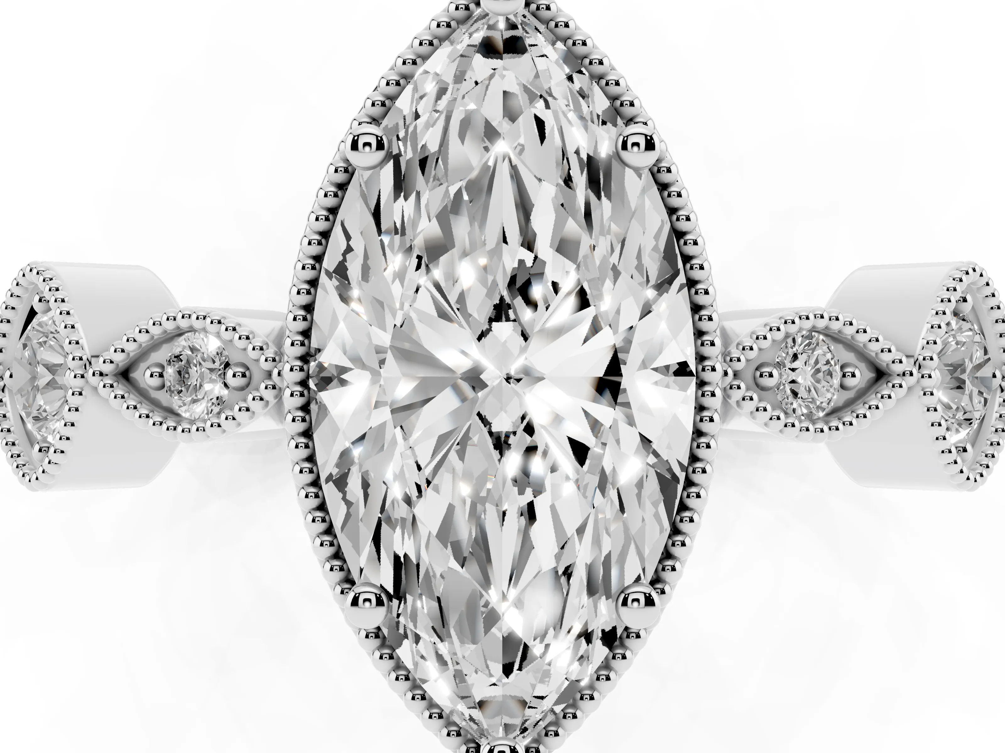 Marquise Cut Diamond Vintage-Inspired Milgrain Ring Set in White gold with Marquise Stations of Round Accents