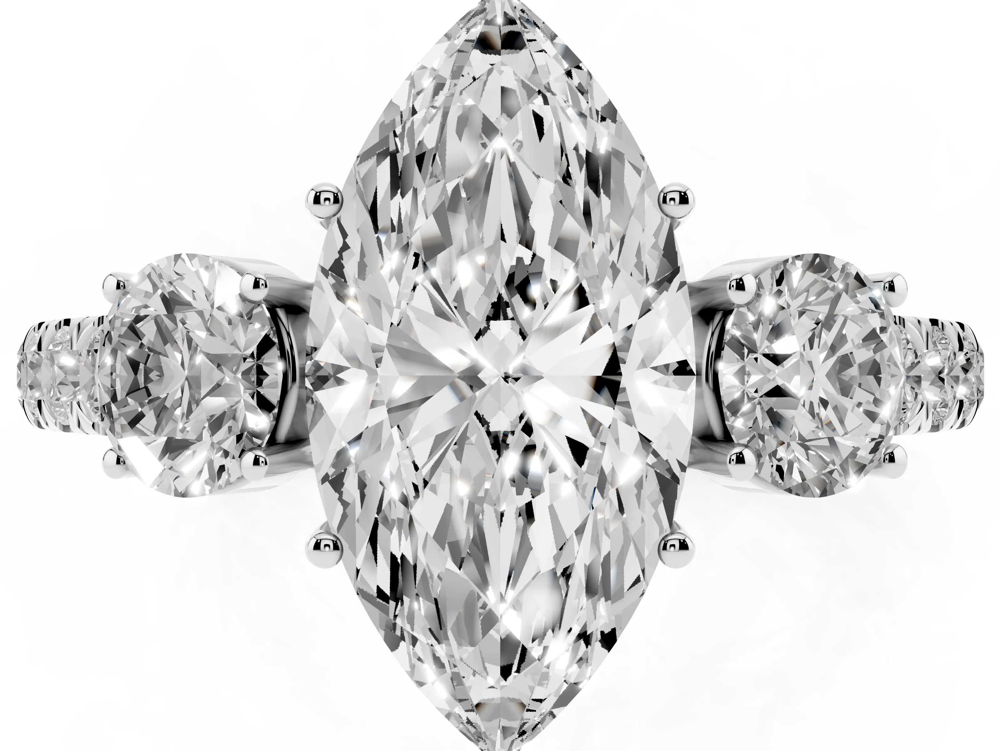 Marquise Cut Diamond Three-Stone Ring Set in Platinum with Round Side Stones and Delicate Pavé Band